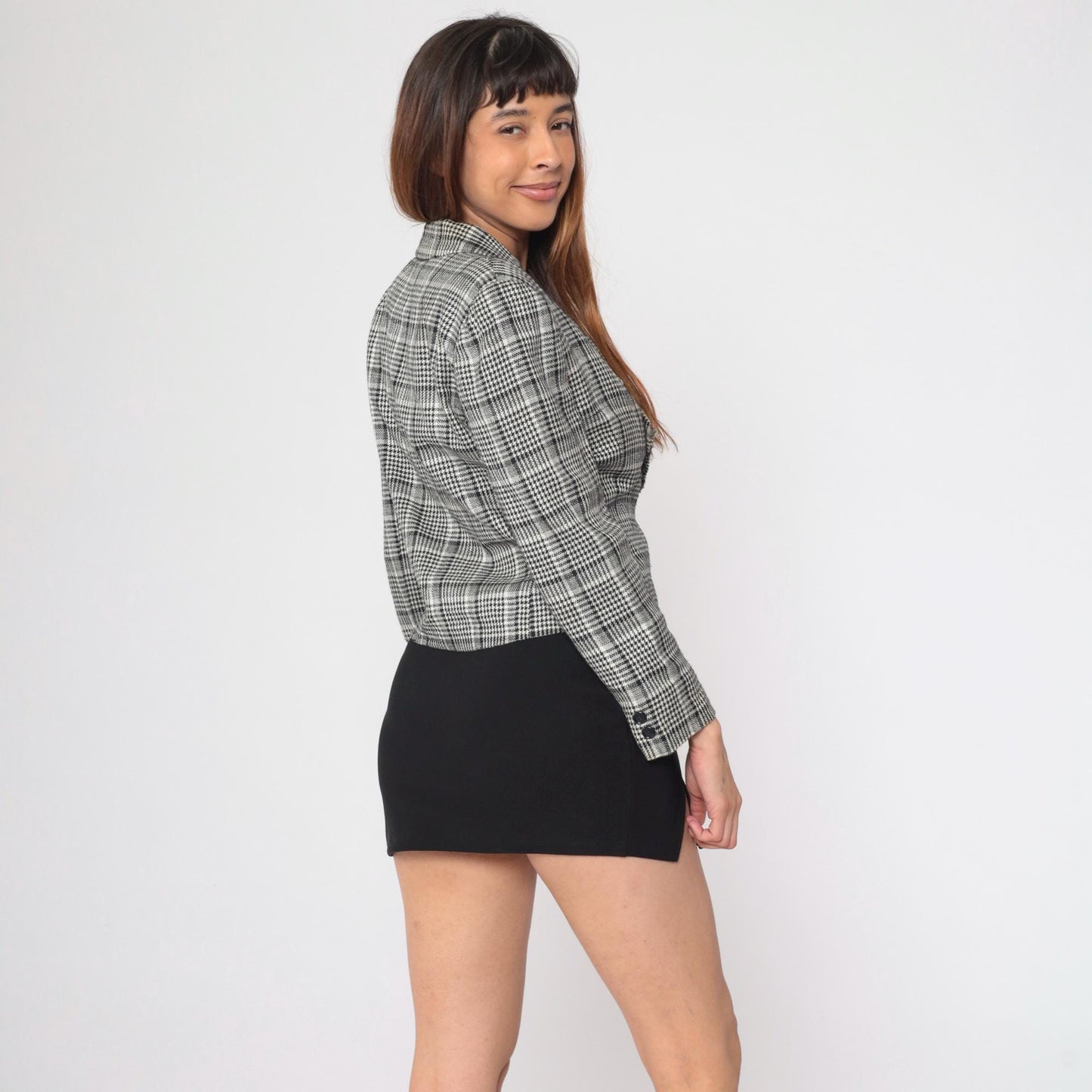 90s Michelle Stuart Houndstooth Blazer Black White Single Button Small Petite