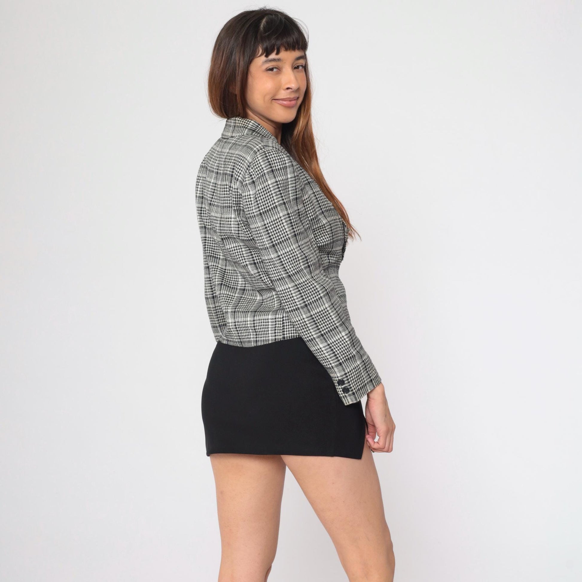 90s Michelle Stuart Houndstooth Blazer Black White Single Button Small Petite