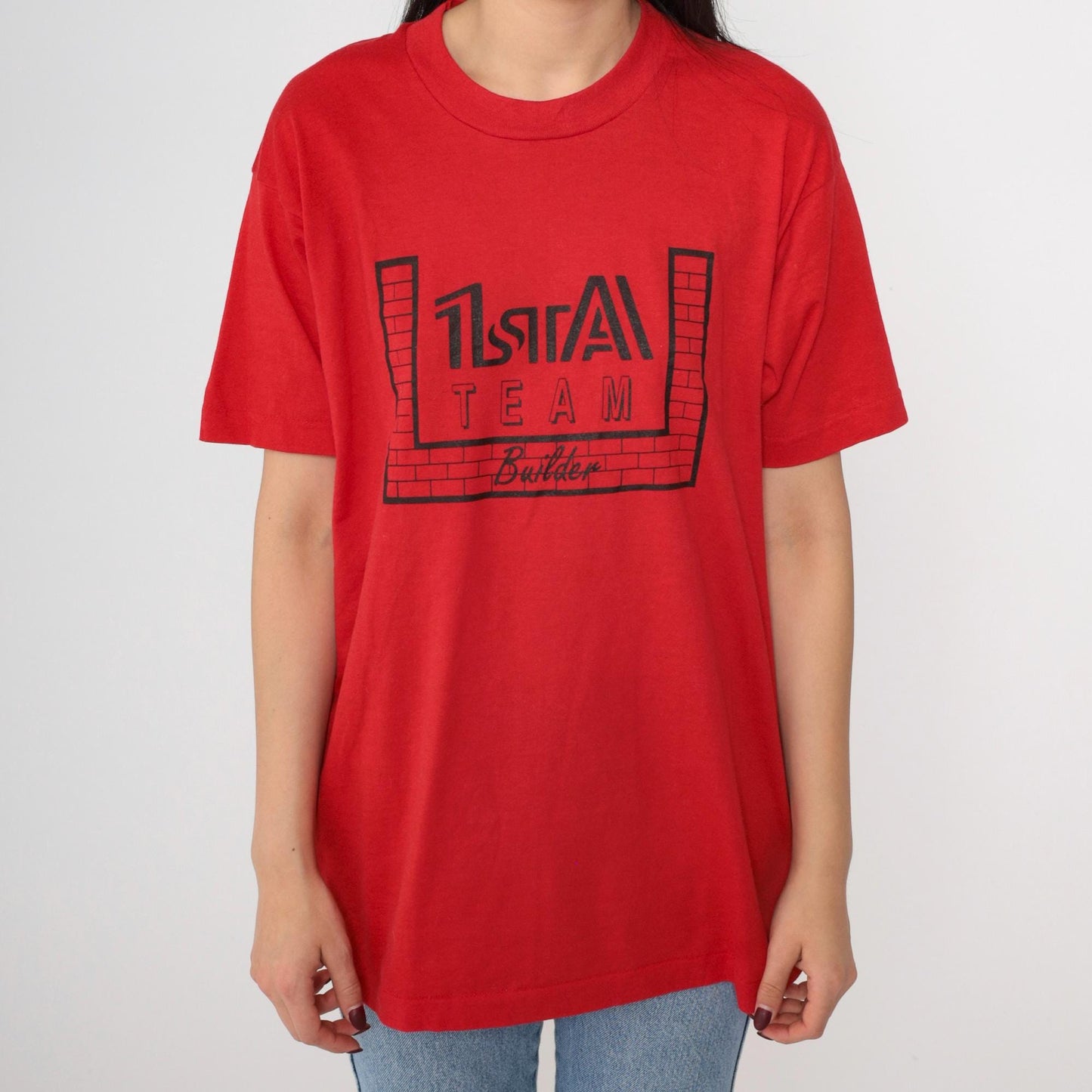90s Screen Stars 1st A Team Builder T-Shirt Red Graphic Crewneck Extra Large XL