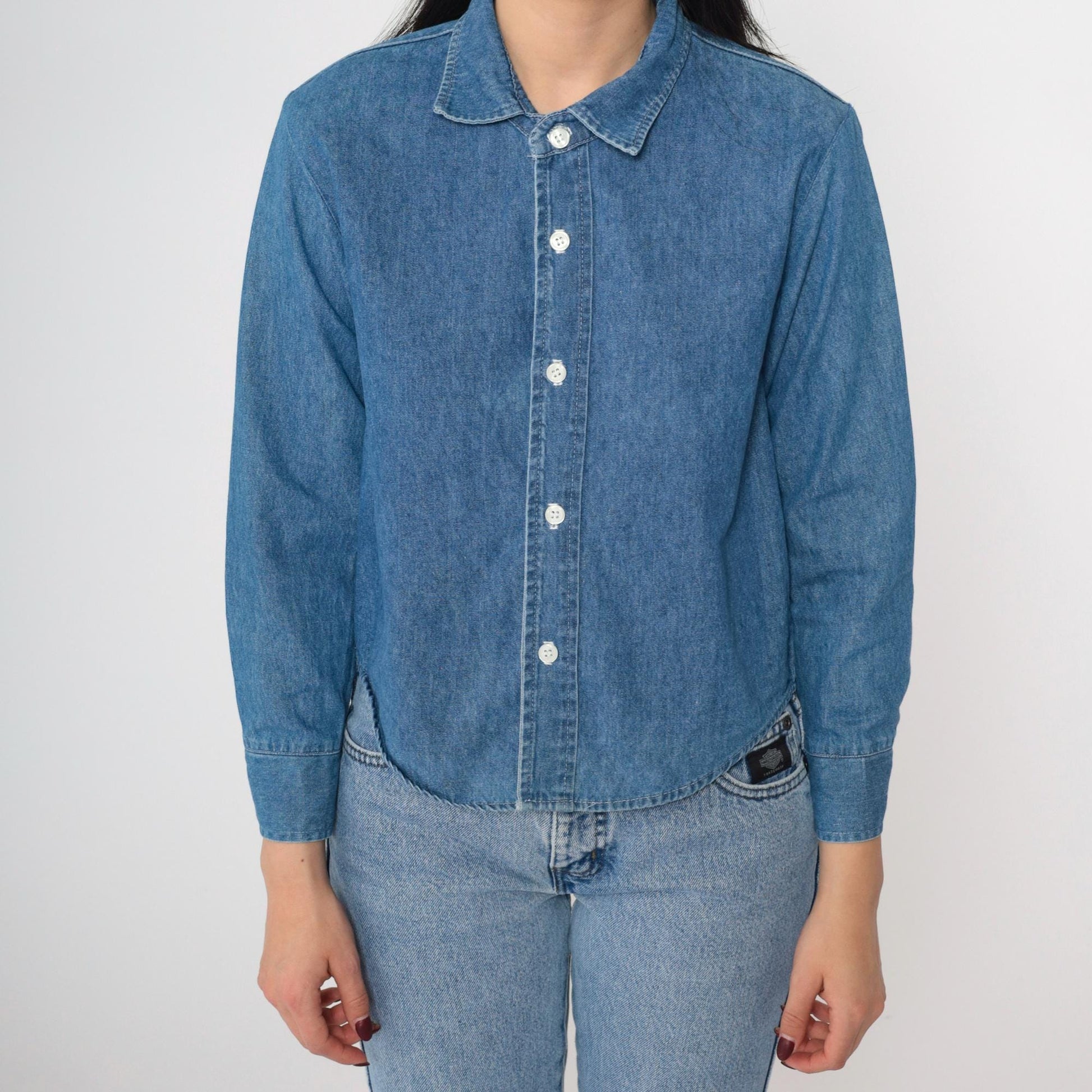 90s Contempo Casuals Denim Button-Up Shirt Blue Cotton Long Sleeve XXS