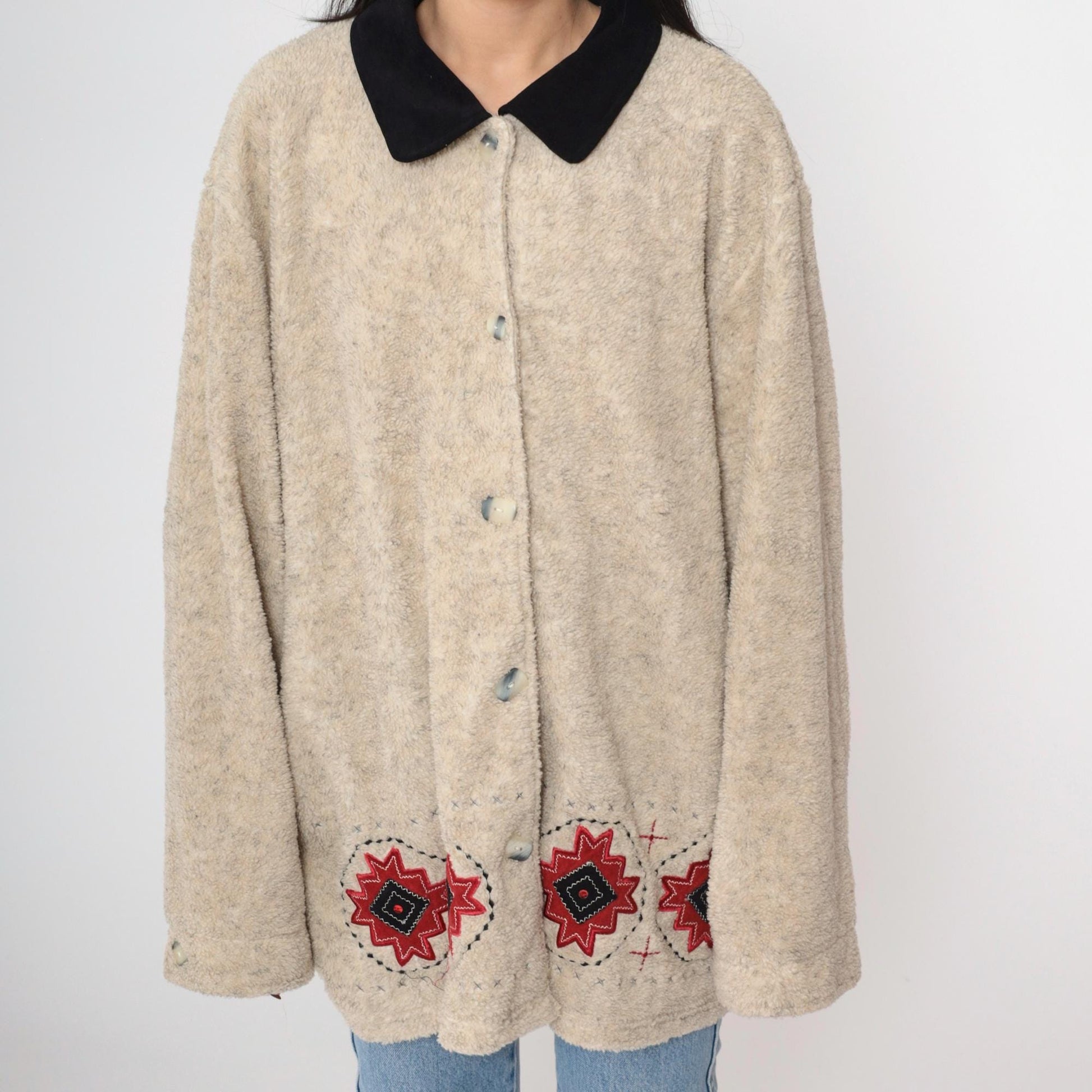 00s Southwestern Fleece Jacket Beige Aztec Button-Up XXL