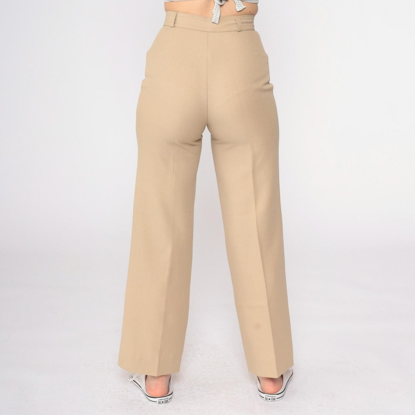 70s Tan Straight Leg High Rise Trousers Creased Vintage XS