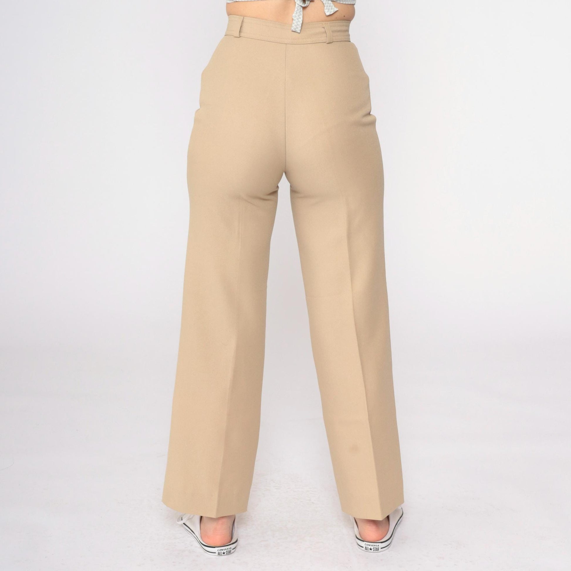 70s Tan Straight Leg High Rise Trousers Creased Vintage XS