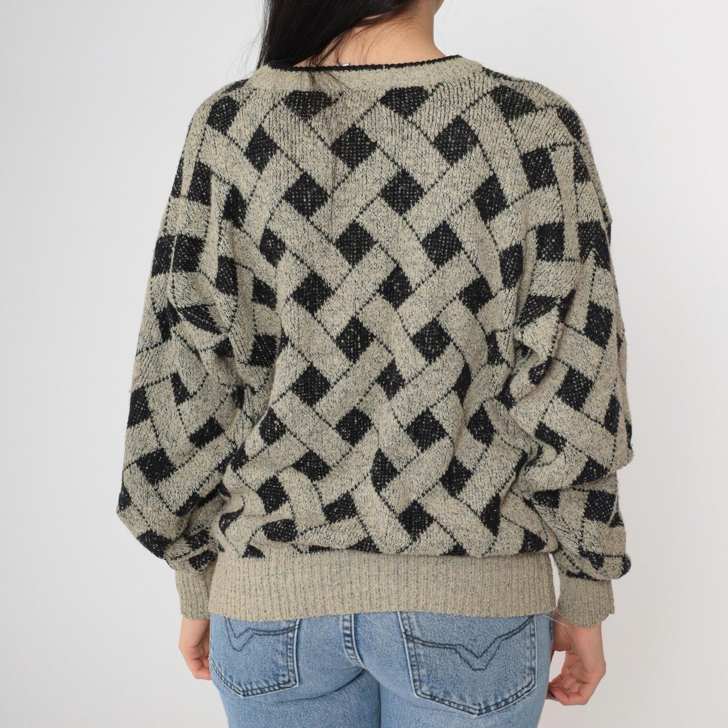 90s Geometric Knit Sweater Black Taupe Lattice Crewneck Pullover Medium