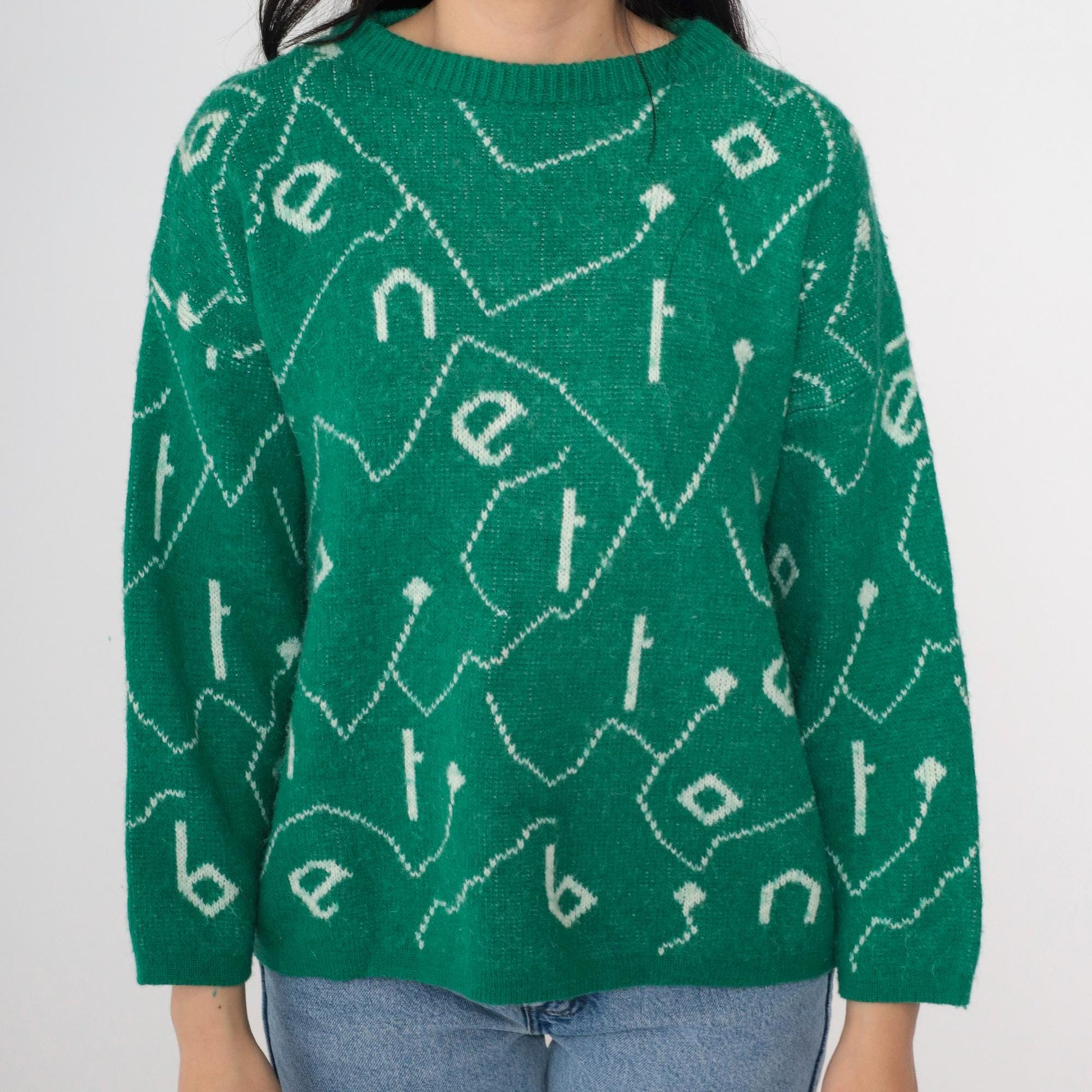 80s Benetton Wool Blend Sweater Green Spellout Graphic Crewneck Small