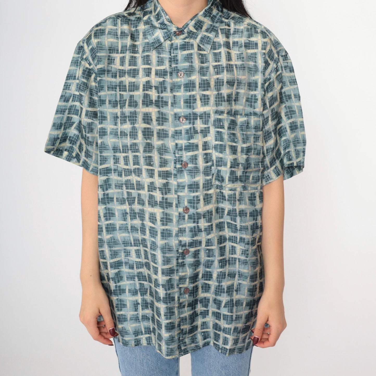 90s Robert Stock Silk Shirt Blue Geometric Print Button Up Small