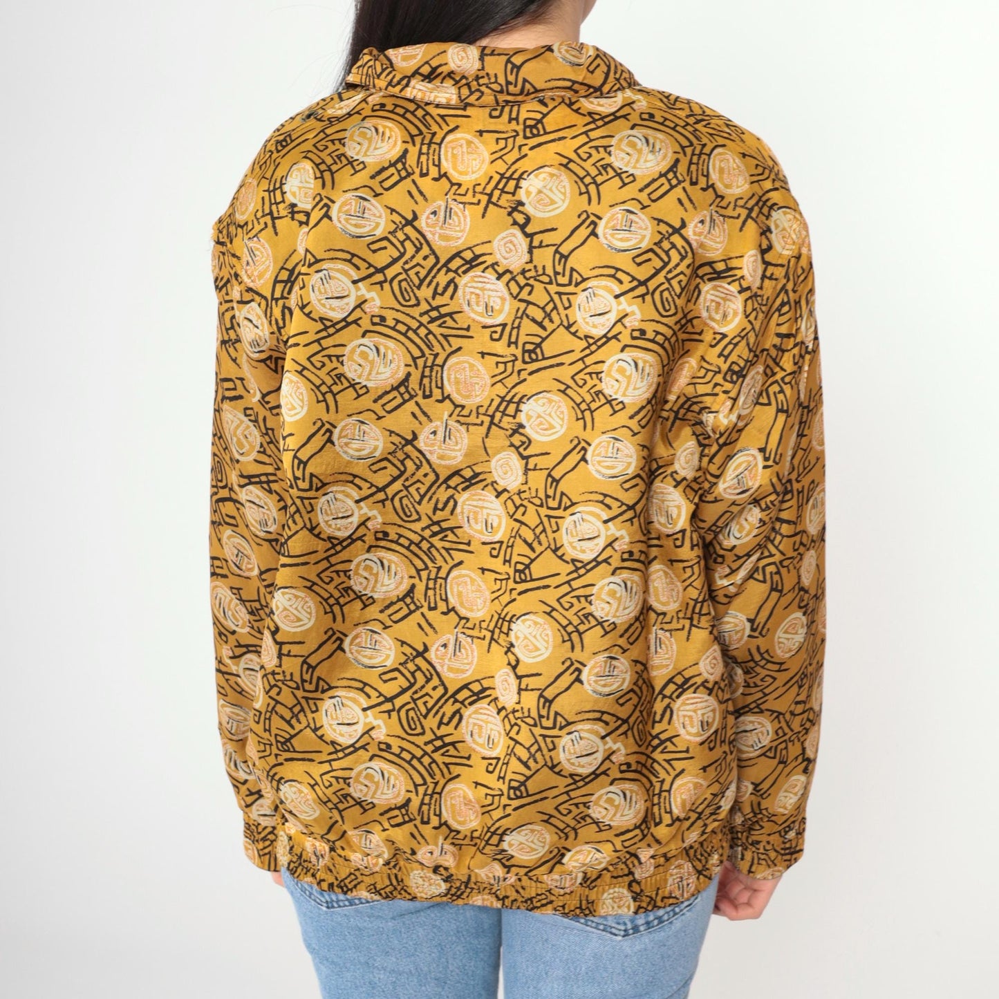 90s Kiku Silk Windbreaker Mustard Yellow Asian Symbol Zip Jacket Small
