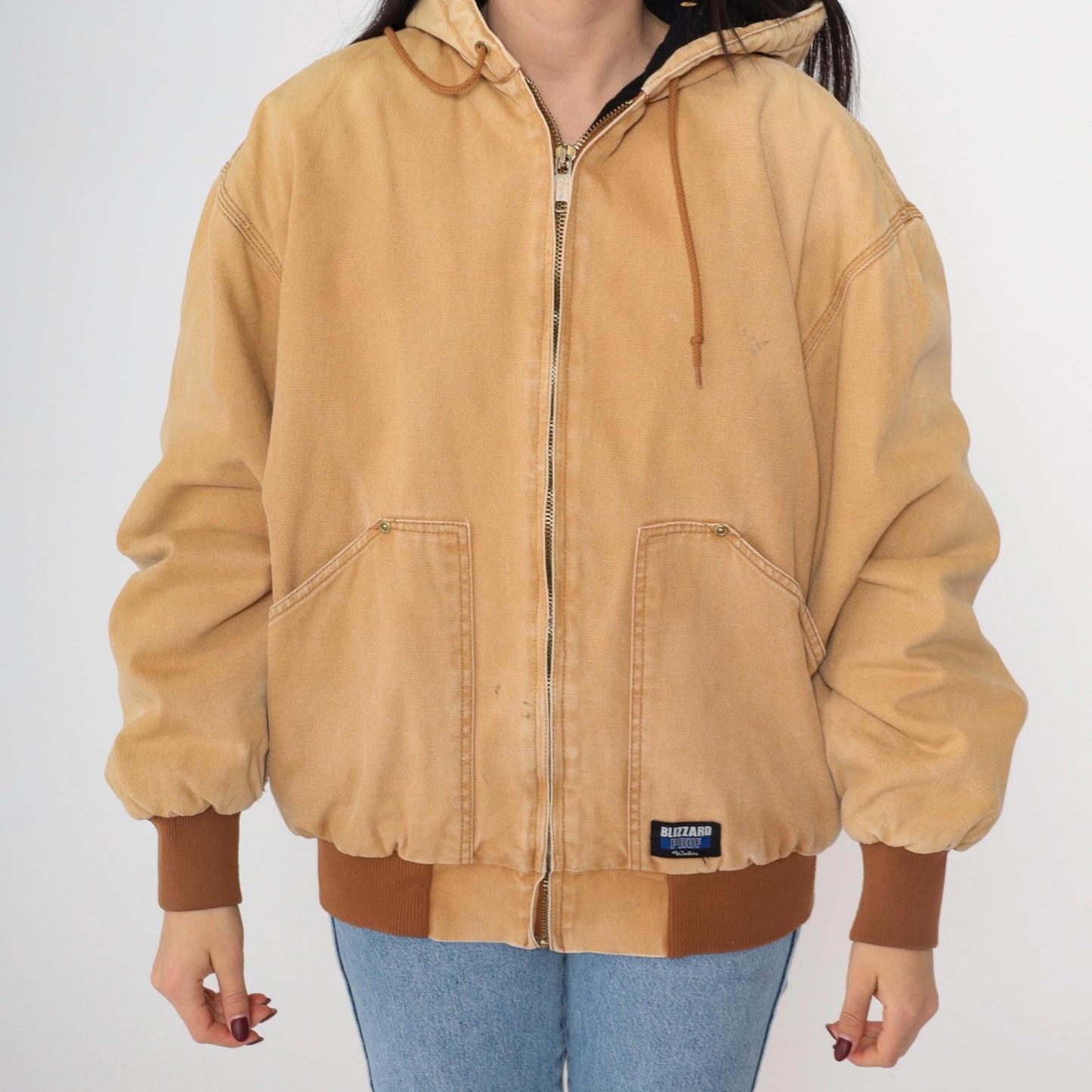 Y2K Walls Blizzard Pruf Hooded Work Jacket Tan Cargo Utility Large