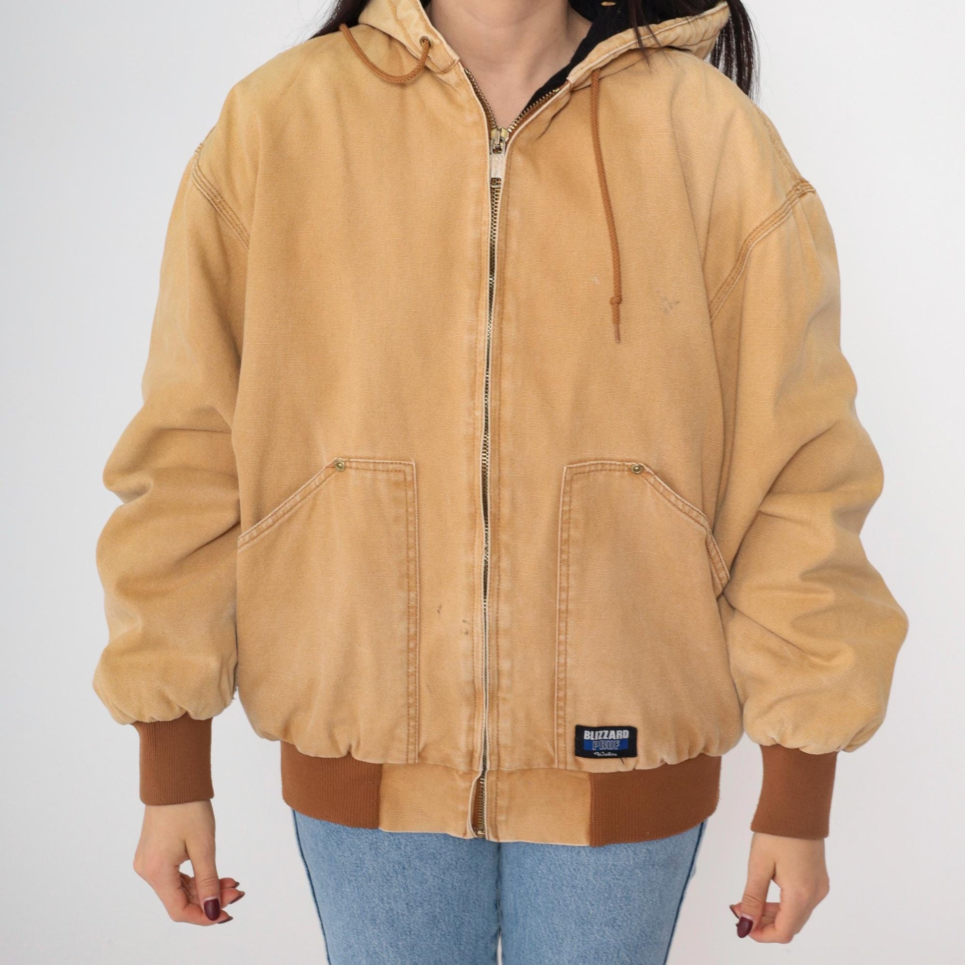Y2K Walls Blizzard Pruf Hooded Work Jacket Tan Cargo Utility Large