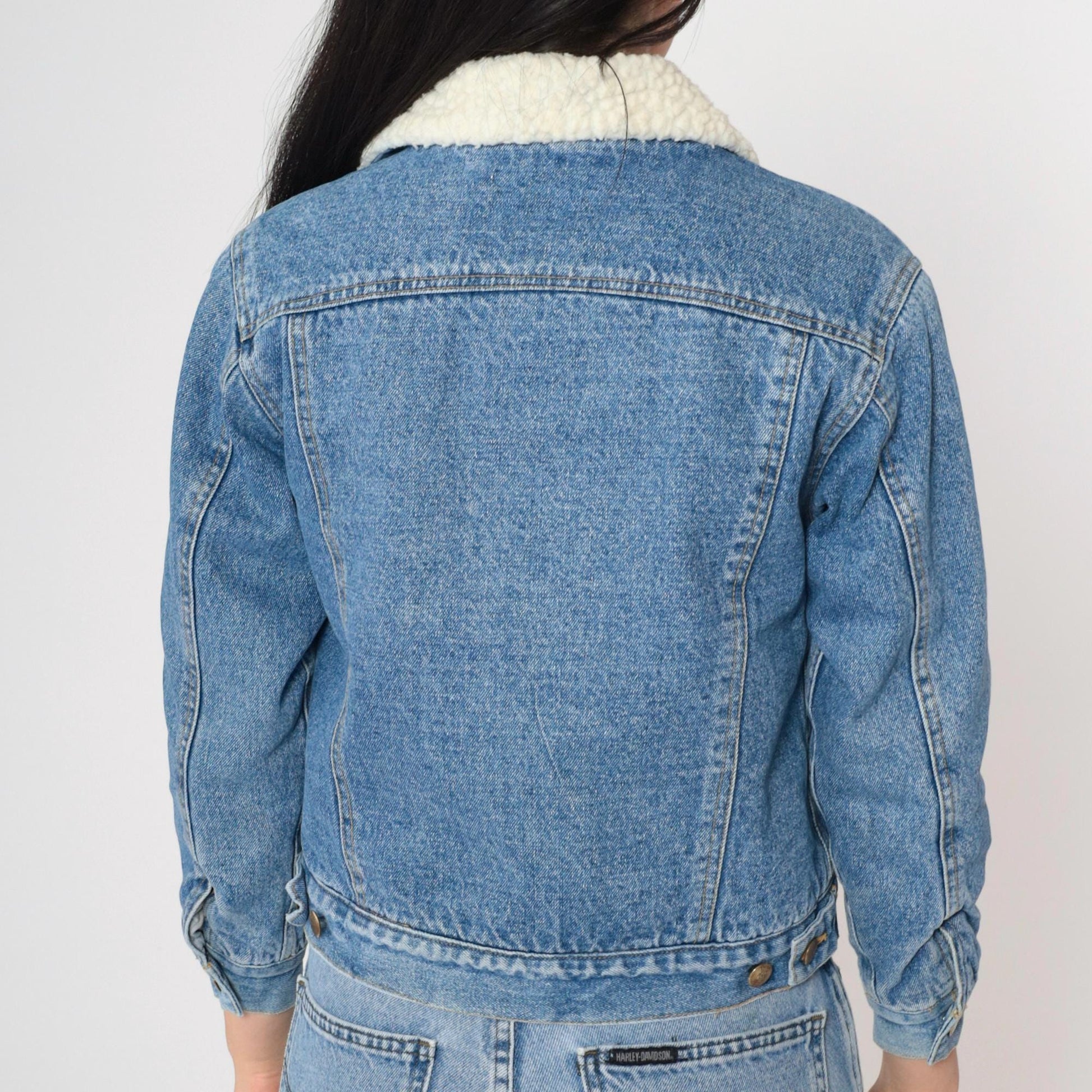90s Blue Denim Shearling Jacket Faux Fleece Lined Button Up XXS