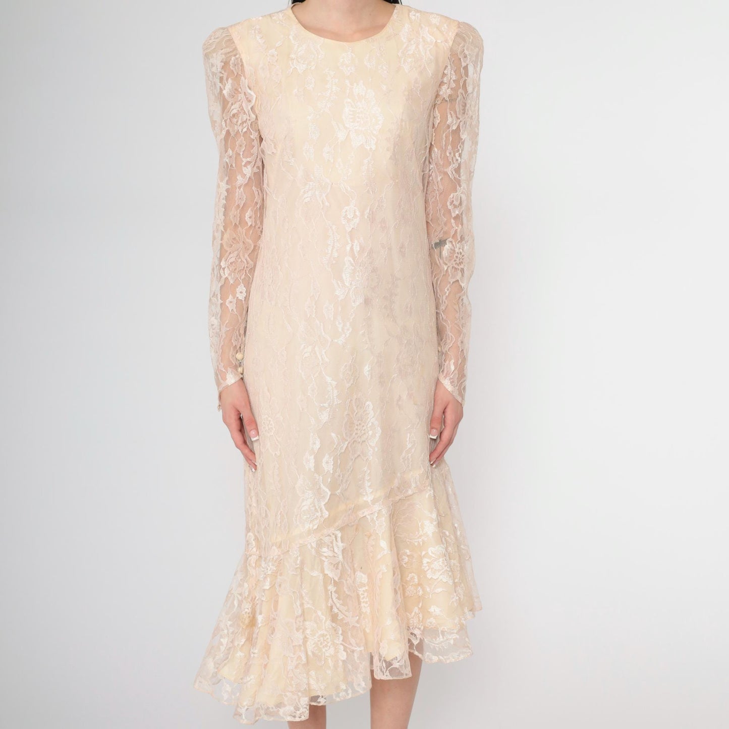 80s Peach Lace Puff Sleeve Dress Keyhole Back Mermaid Hem Small