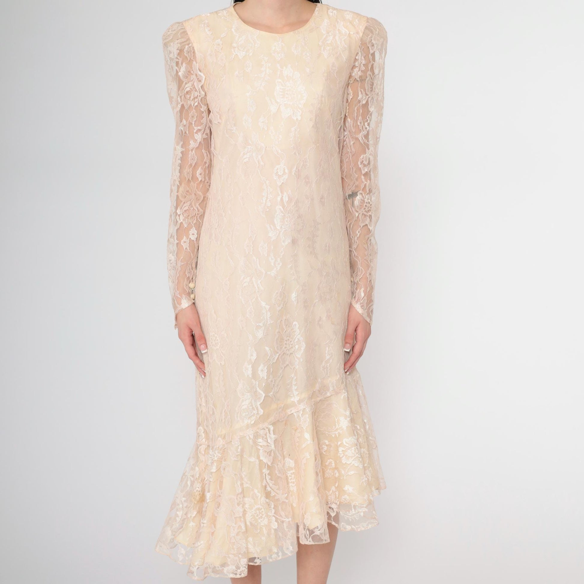 80s Peach Lace Puff Sleeve Dress Keyhole Back Mermaid Hem Small