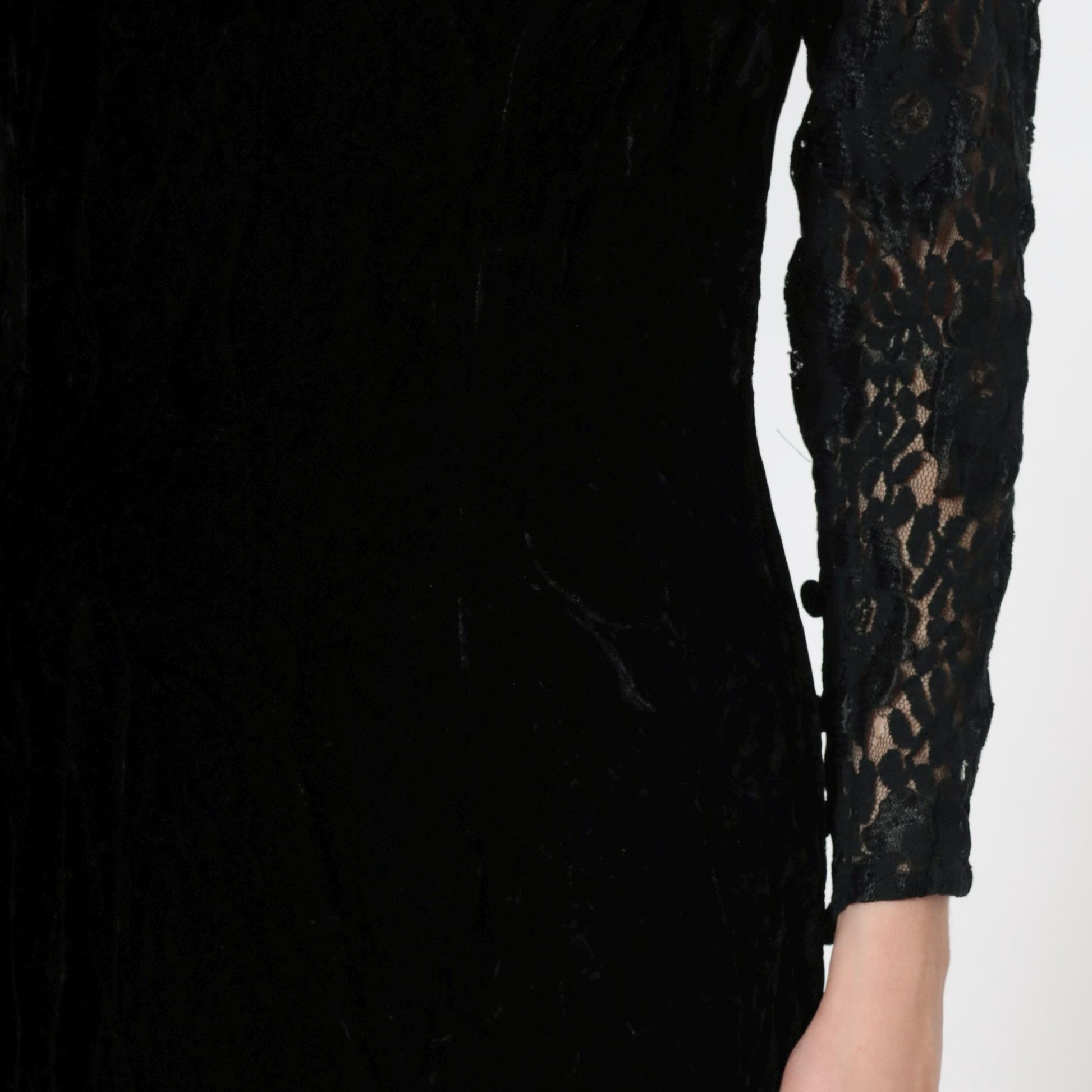 80s Depeche Black Velvet Midi Dress Lace Sleeves Sweetheart Neckline Small