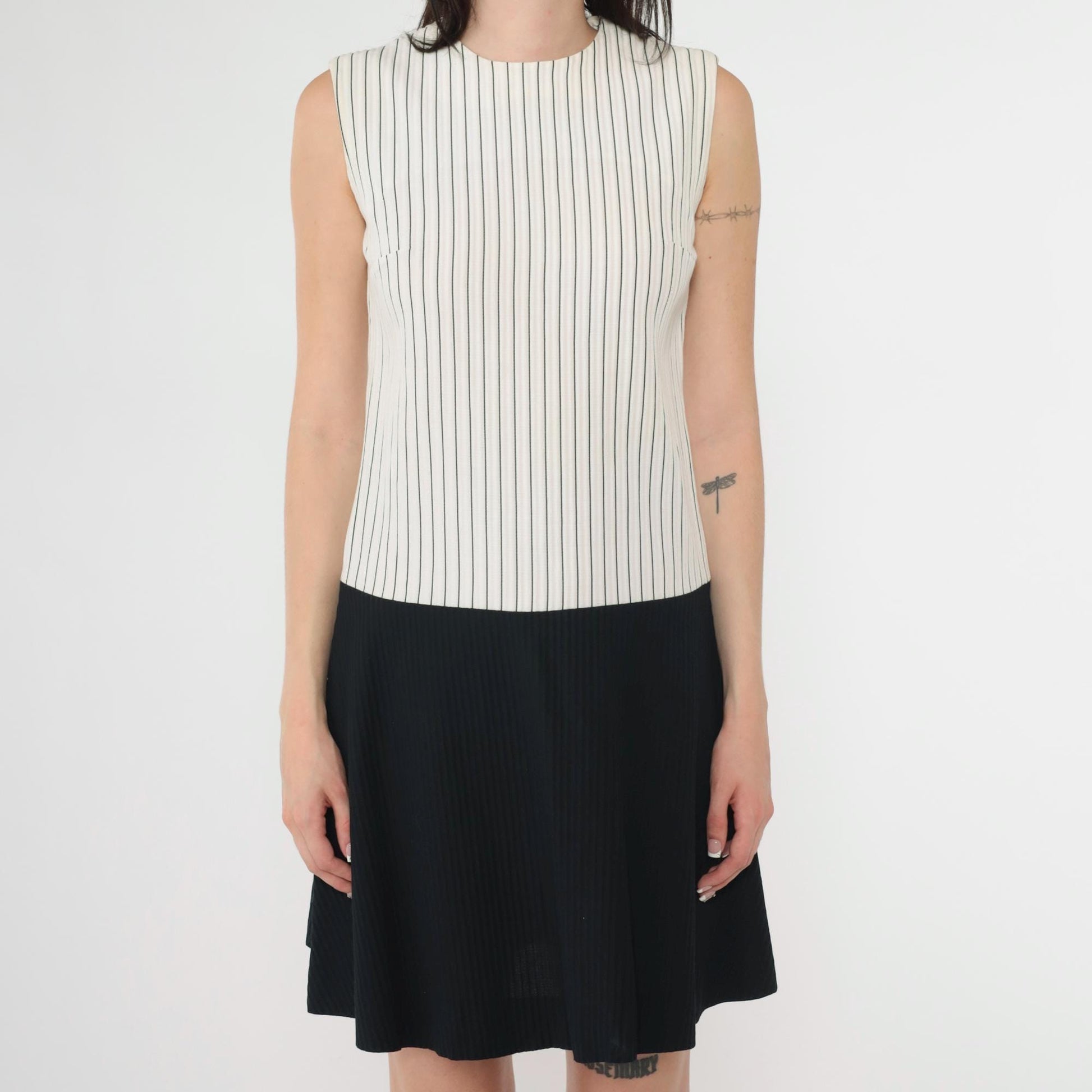 60s Mod Shift Dress Black White Striped Mini Drop Waist Sleeveless Extra Small