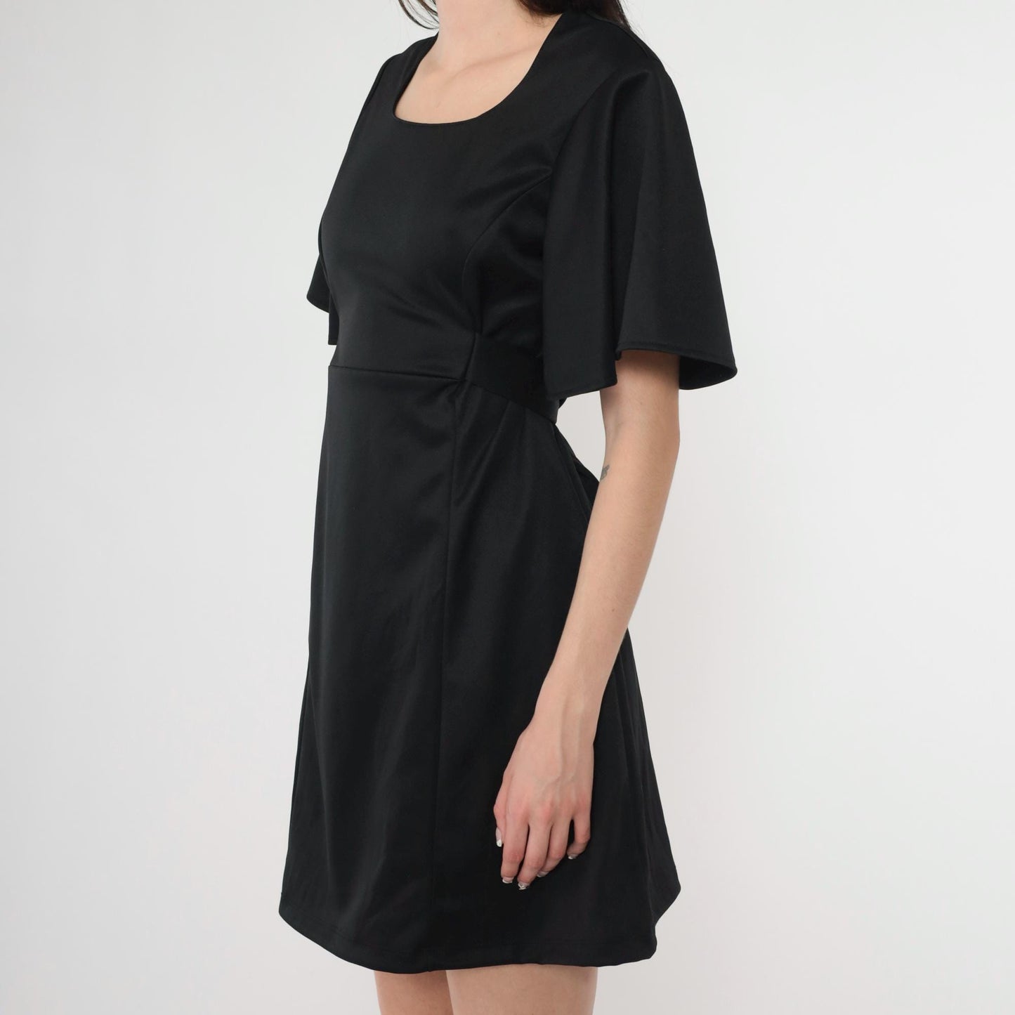 Y2K Black Babydoll Mini Dress Flutter Sleeve Empire Waist Small 6