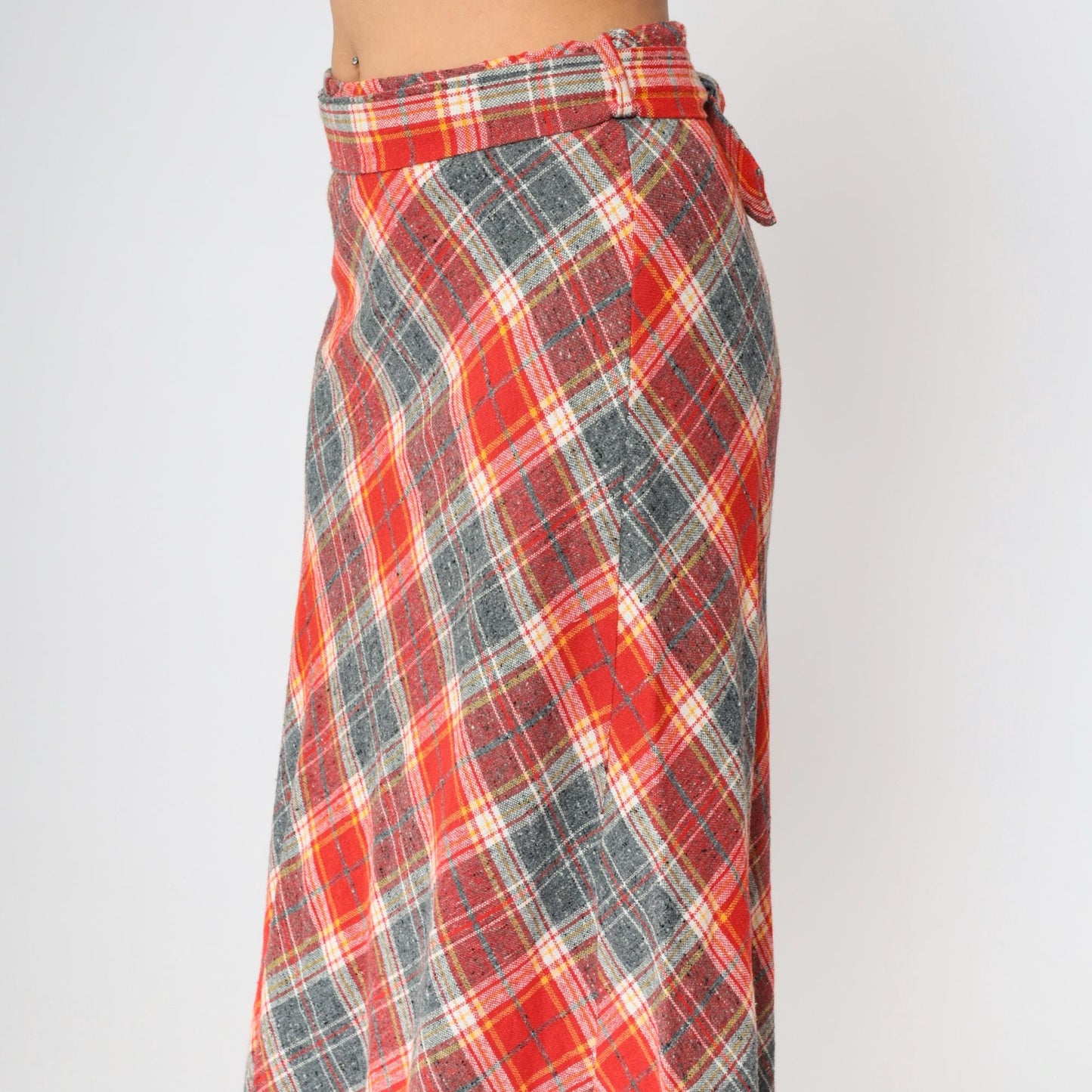 70s Plaid Wool Maxi Skirt High Waist A-Line Red Grey Tartan Medium Large