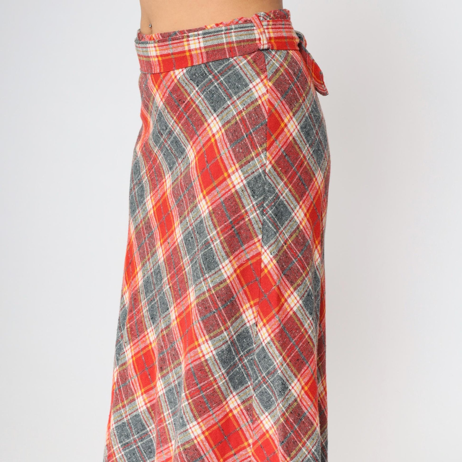 70s Plaid Wool Maxi Skirt High Waist A-Line Red Grey Tartan Medium Large