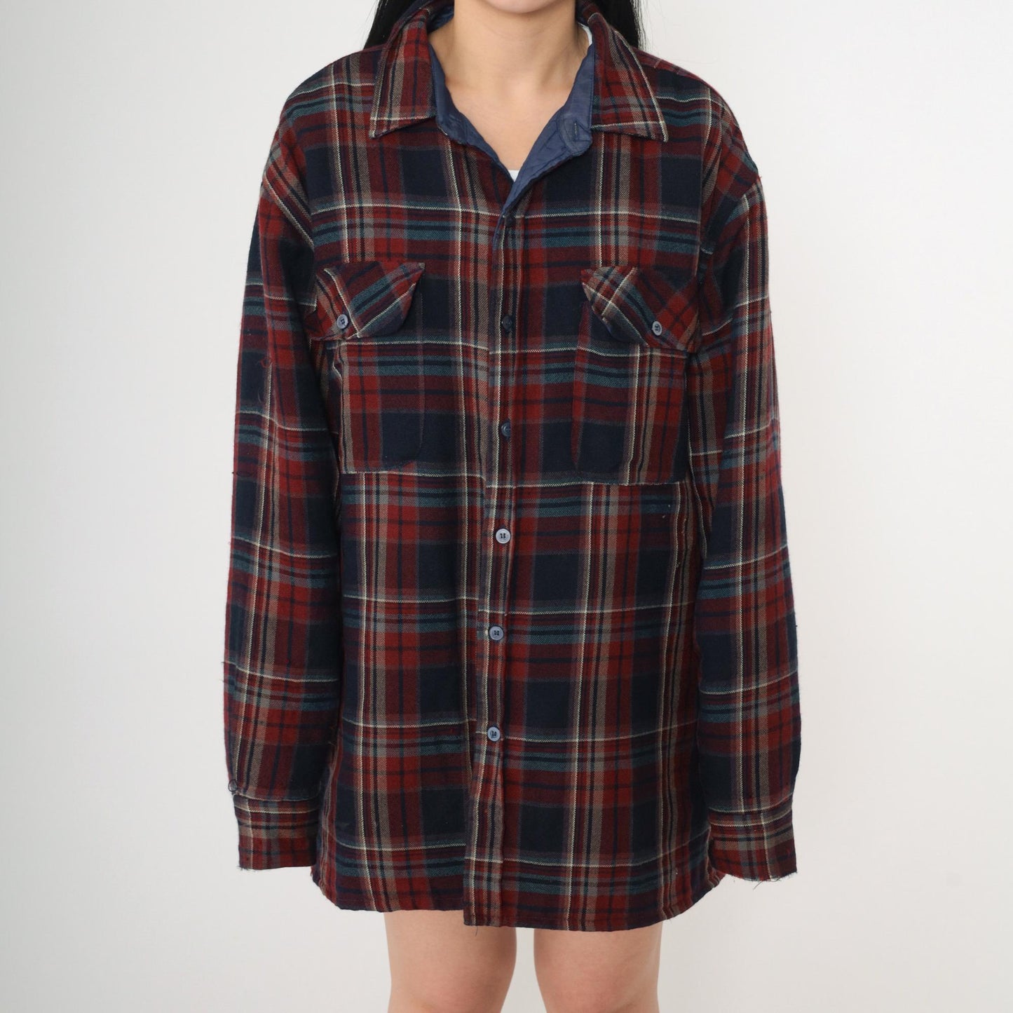 80s TimberTrail Wool Plaid Shirt Quilted Lining Red Navy Button Up Large L