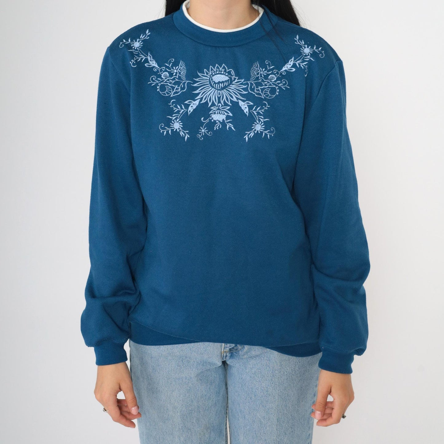 Y2K Blair Floral Embroidered Sweatshirt Blue Double Collar Crewneck Small