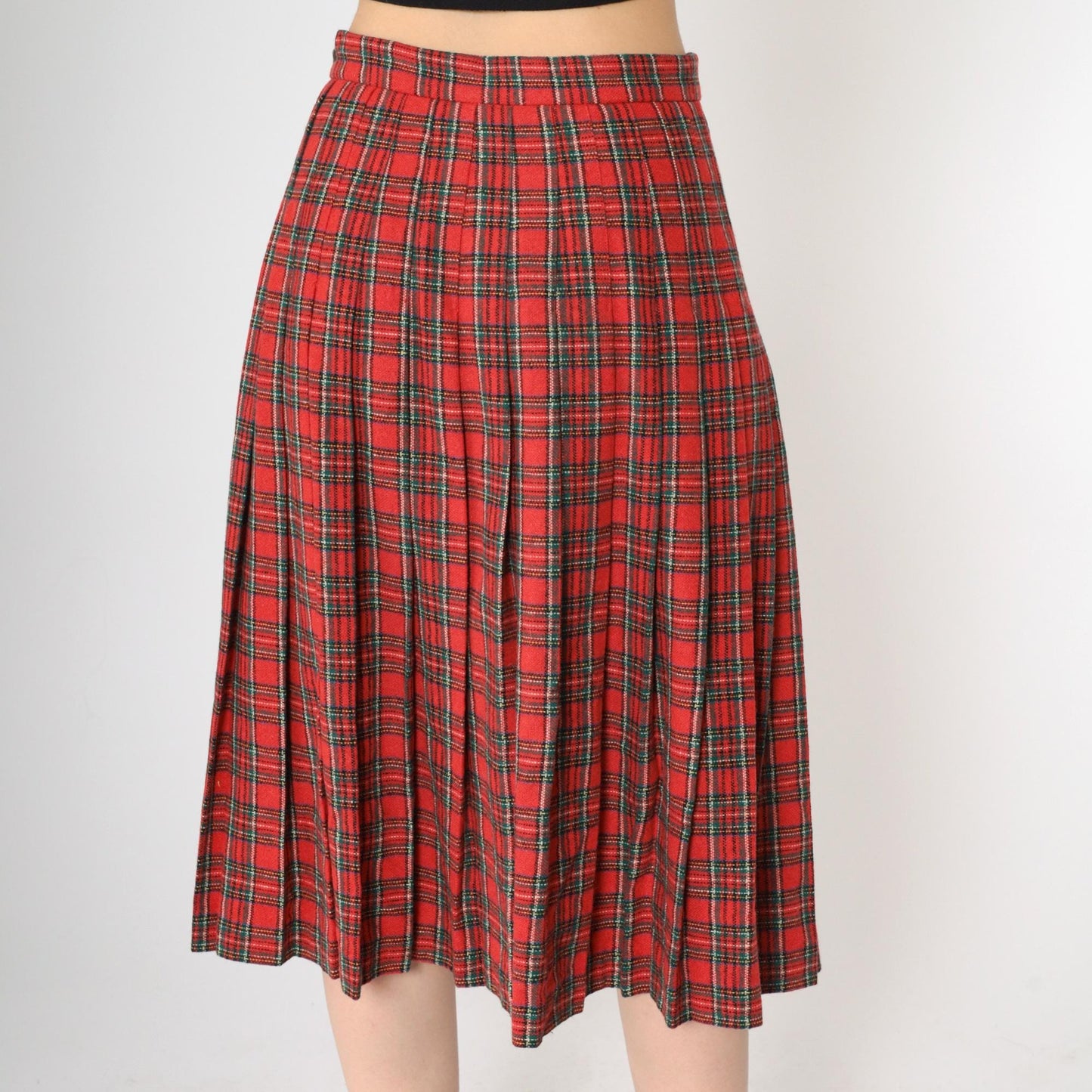 80s Red Plaid Midi Skirt High Waist Pleated Tartan Buckle Small