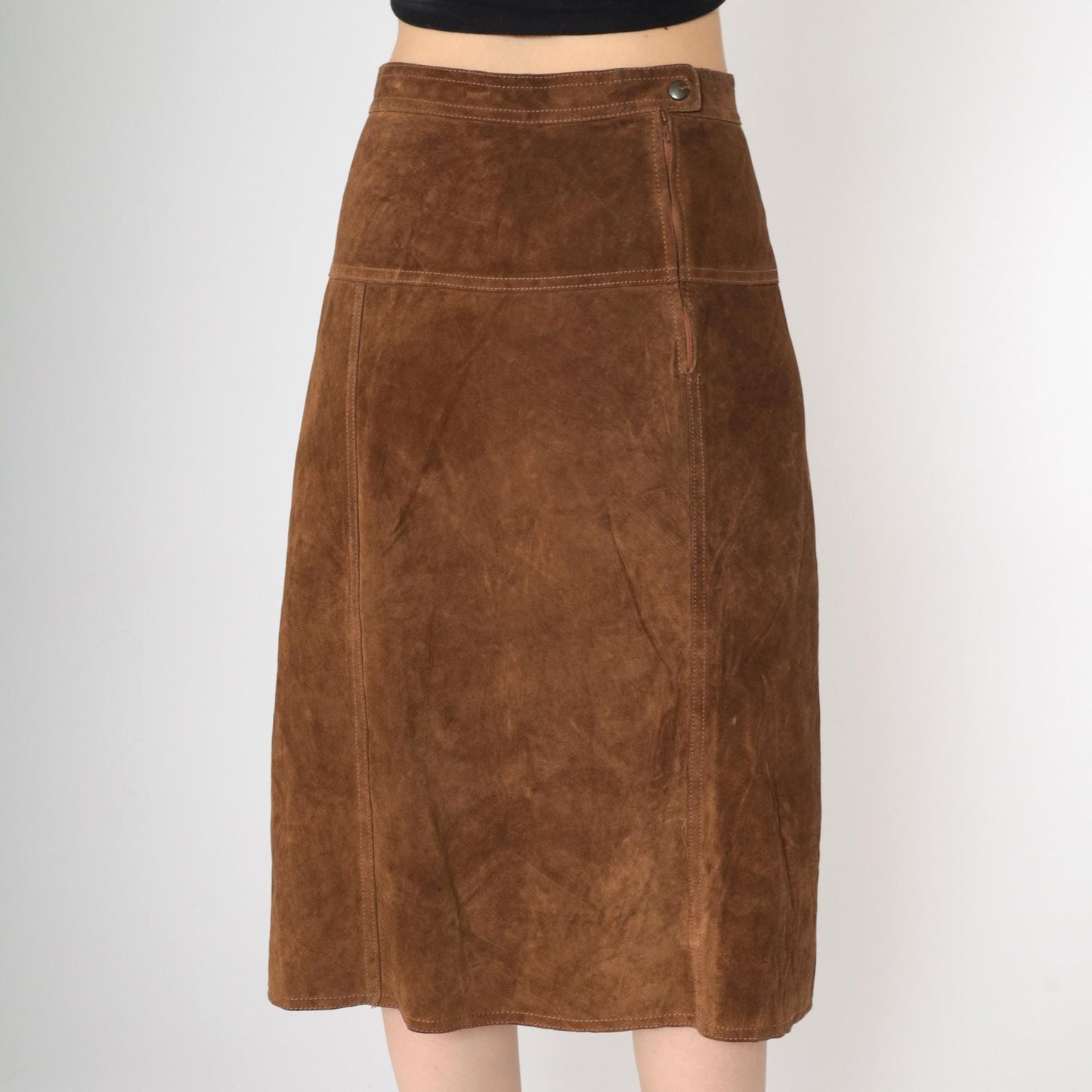90s Brown Suede Midi Skirt High Waist Front Slit Small S