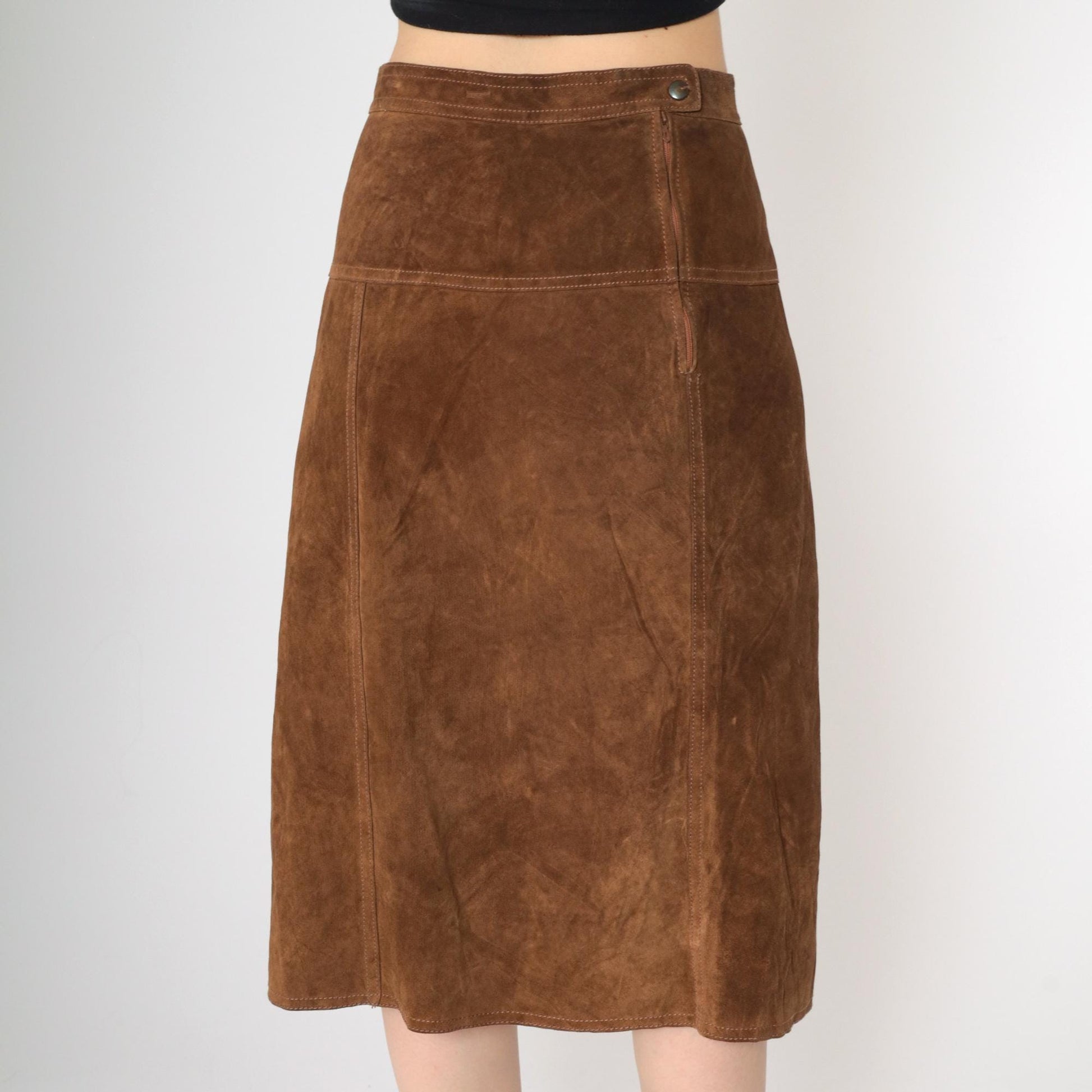 90s Brown Suede Midi Skirt High Waist Front Slit Small S