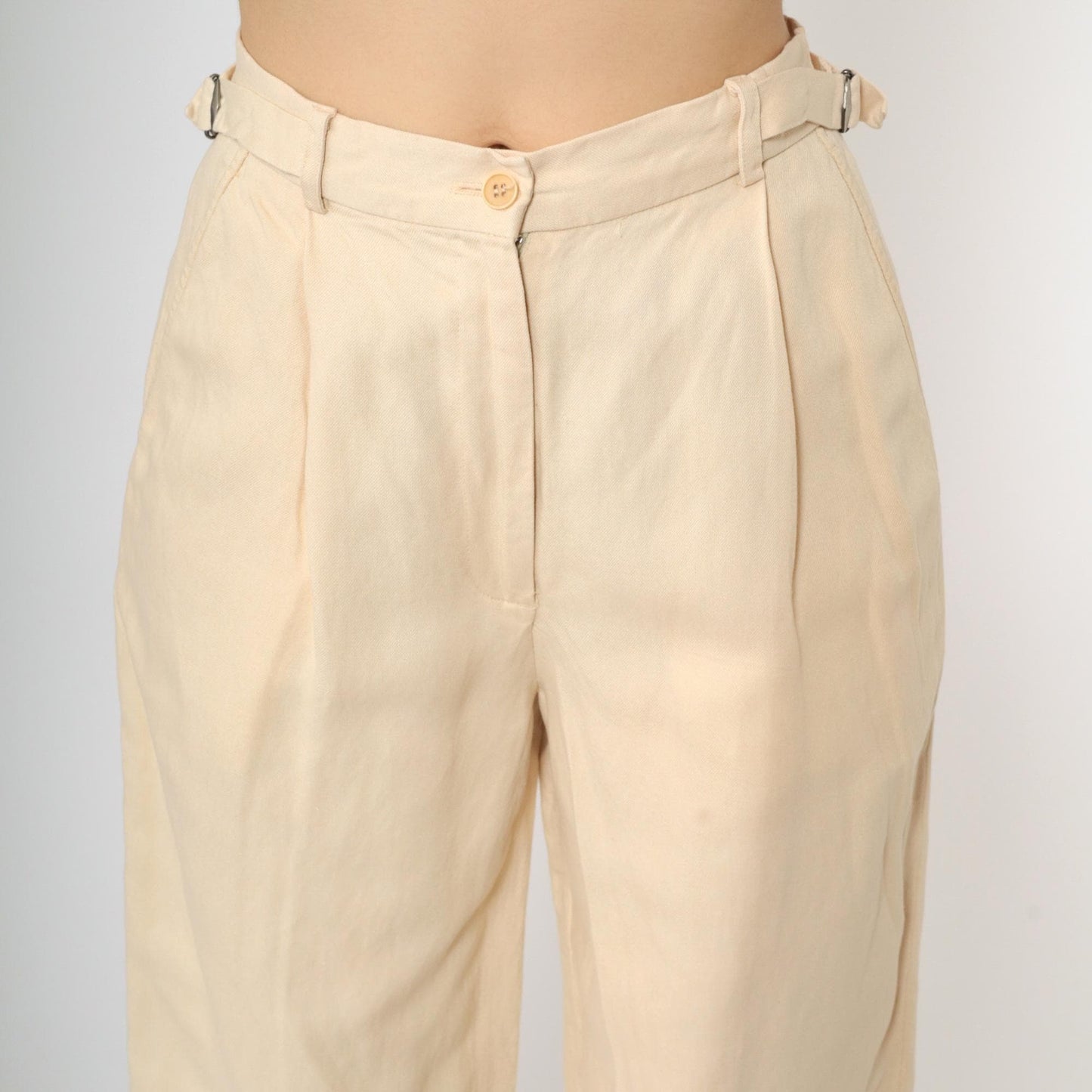 90s Calvin Klein Light Yellow Viscose Linen Pleated High-Waist Tapered Trousers Small 6