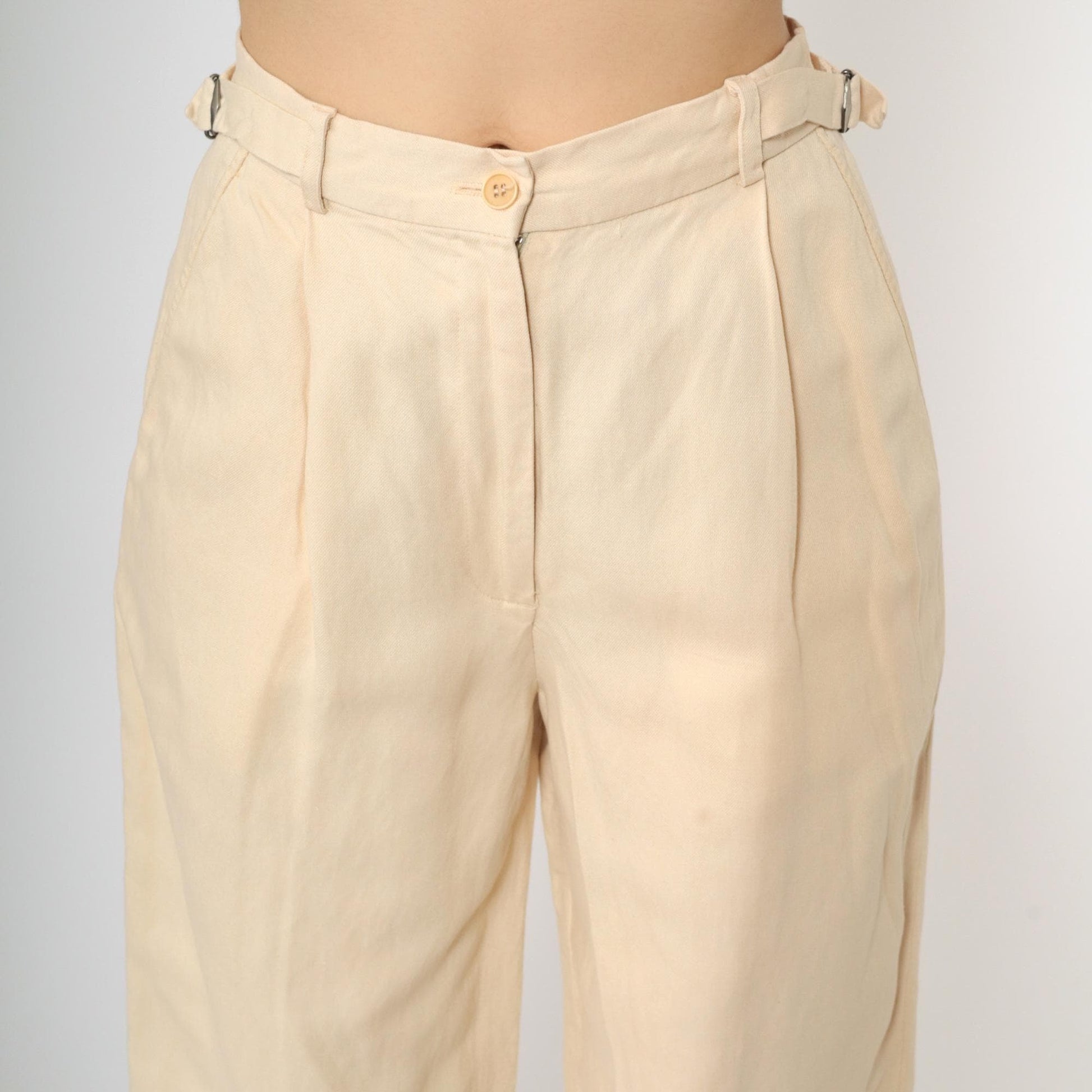 90s Calvin Klein Light Yellow Viscose Linen Pleated High-Waist Tapered Trousers Small 6