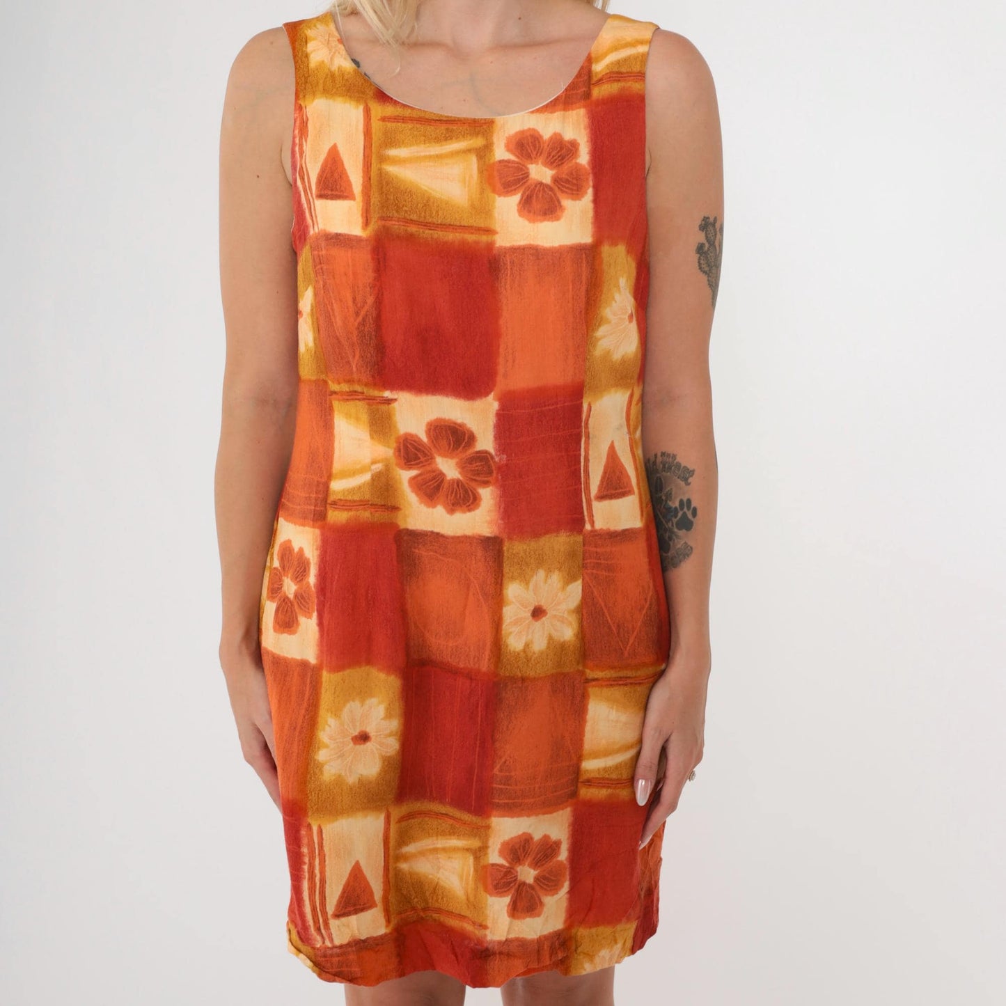 90s Jeffrey & Dara Geometric Floral Mini Dress Sleeveless Yellow Orange Small