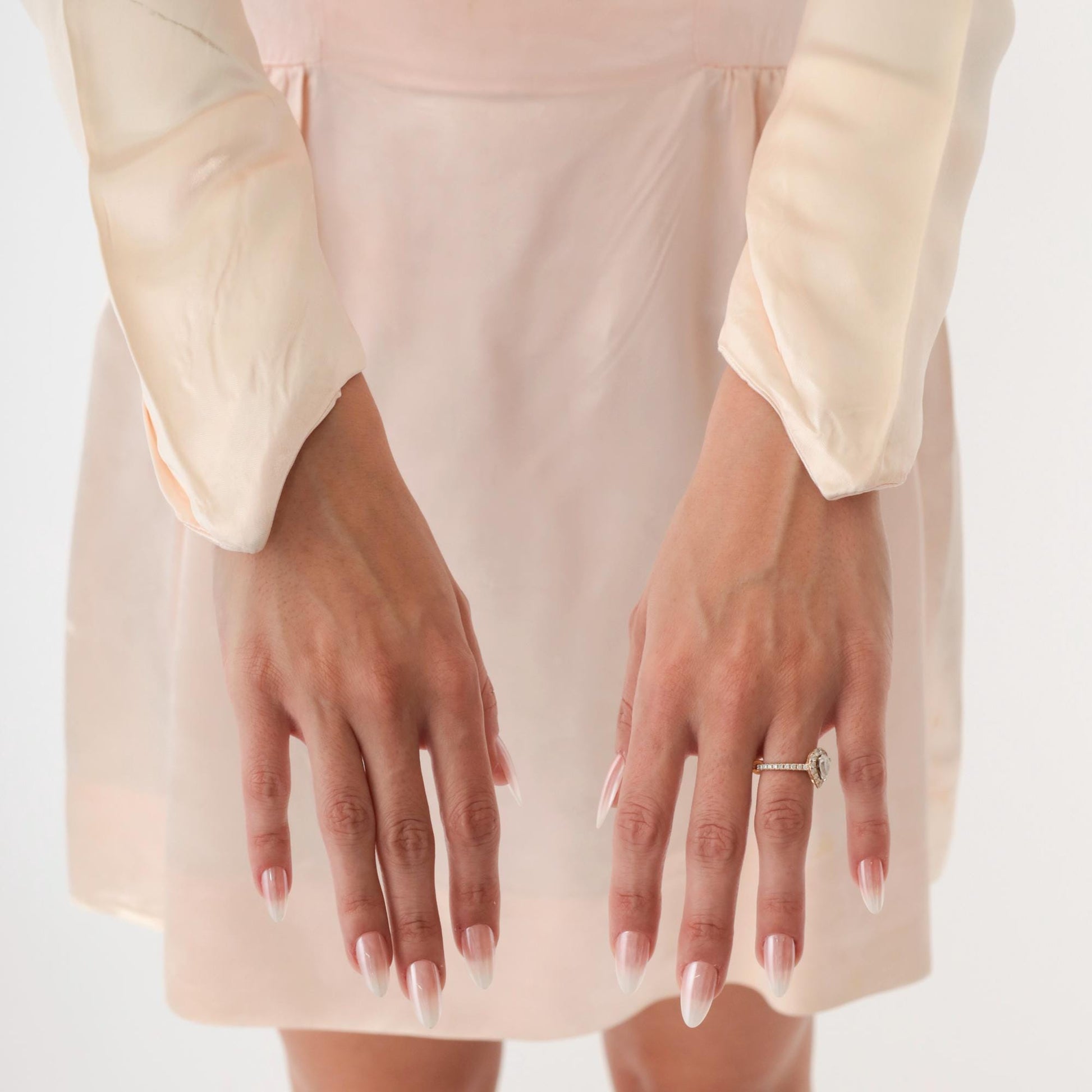 60s Baby Pink Silk Jacquard Floral Mini Dress Long Sleeve V Neck Extra Small