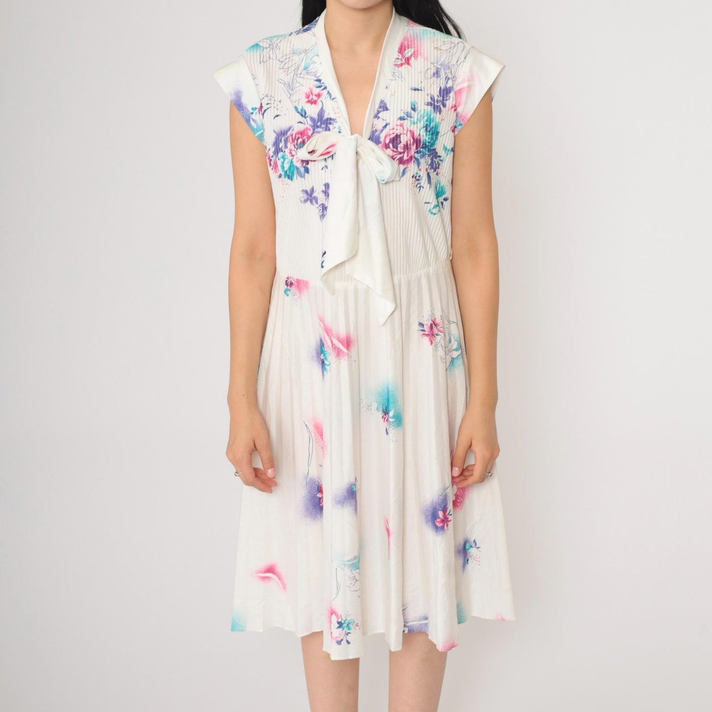 70s Floral Ascot Midi Dress White Cap Sleeve High Waist Pleated Small