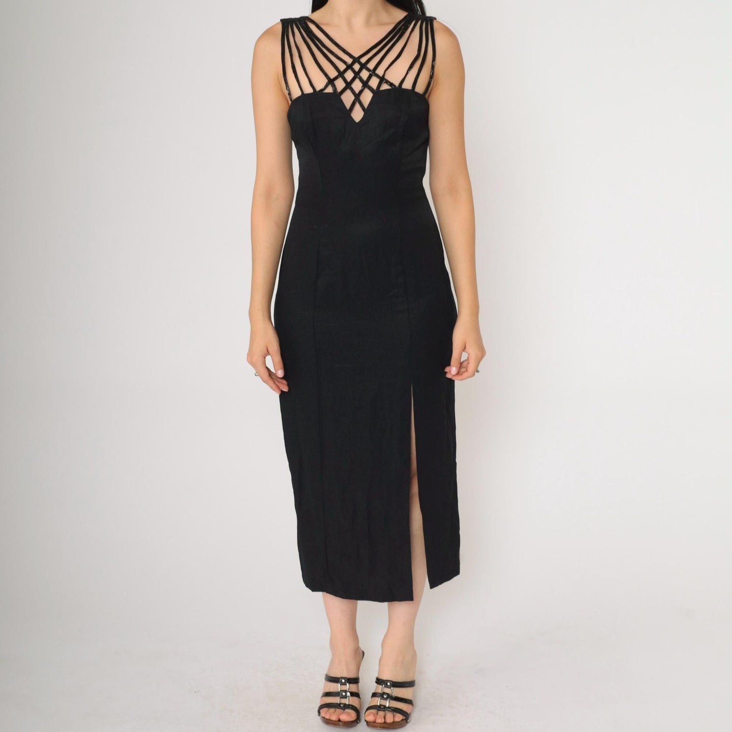 90s Zum Zum Black Beaded Cage Neckline Midi Dress Extra Small XS