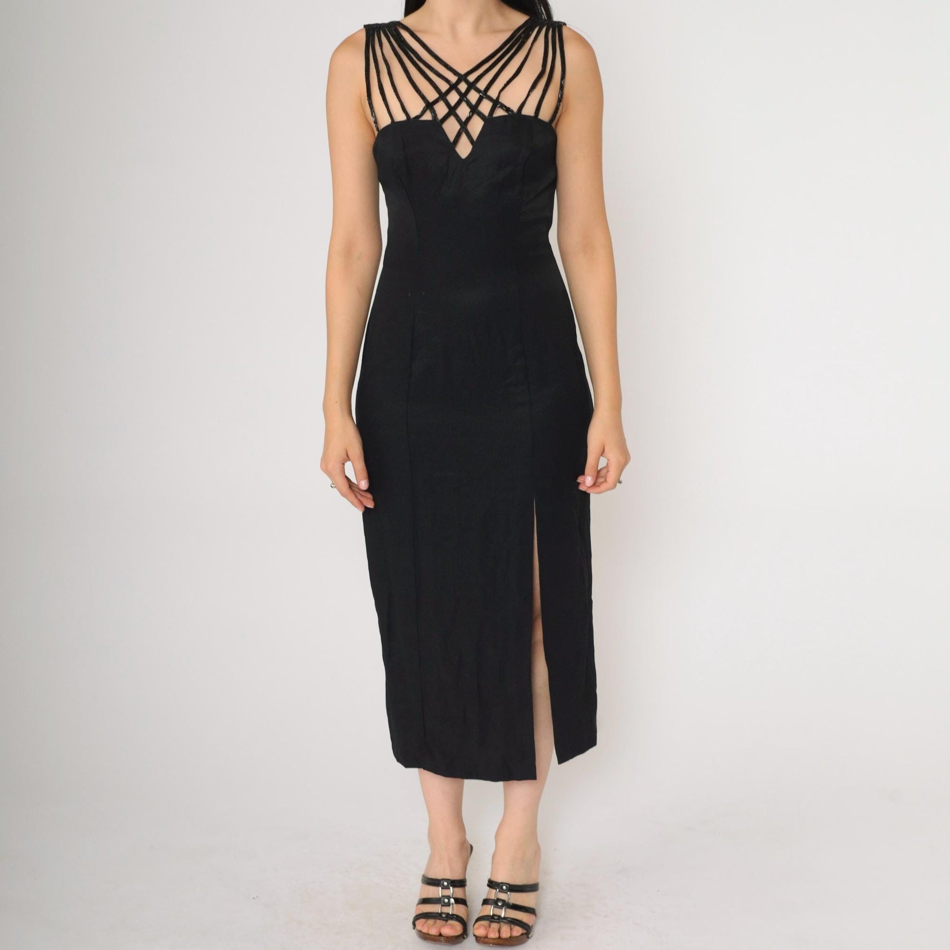 90s Zum Zum Black Beaded Cage Neckline Midi Dress Extra Small XS