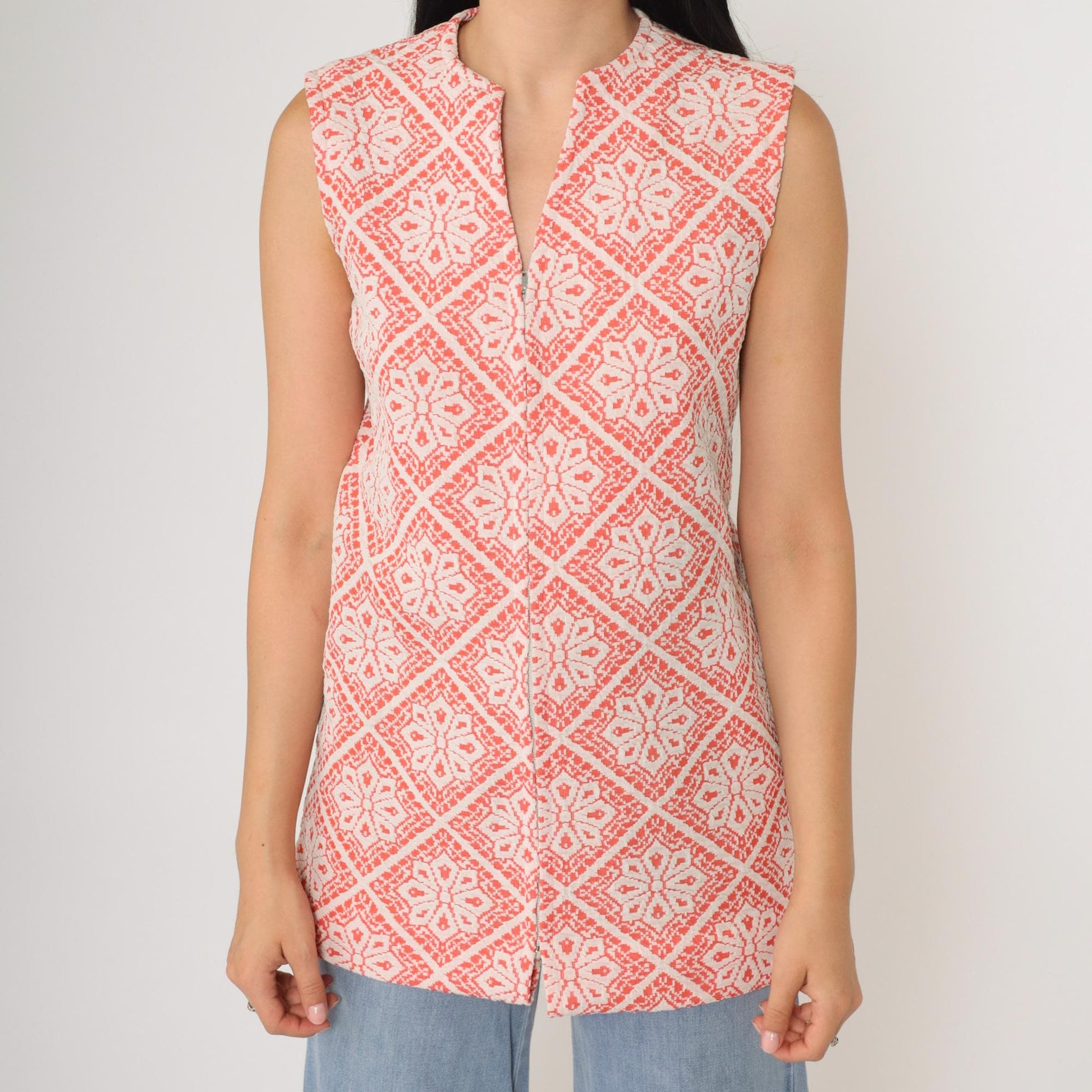 70s Peck & Peck Floral Tank Top Sleeveless Front Zip Polyester Orange Small S