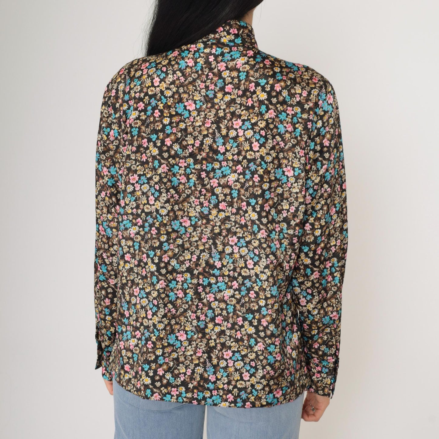 70s Calico Floral Black Button-Up Shirt Long Sleeve Flower Print Medium