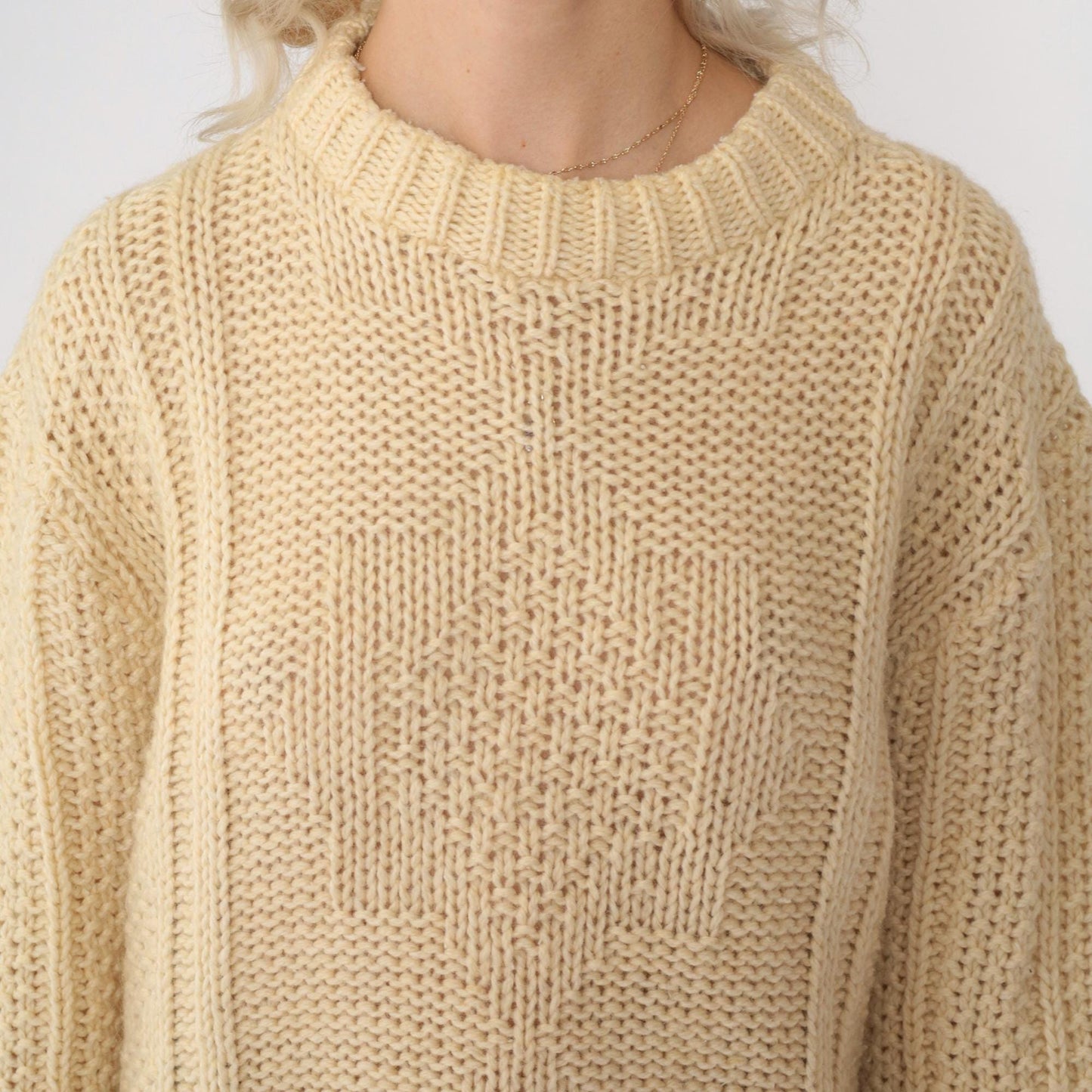 70s Inter Vale Wool Blend Sweater Cream Star Design Crewneck Large L