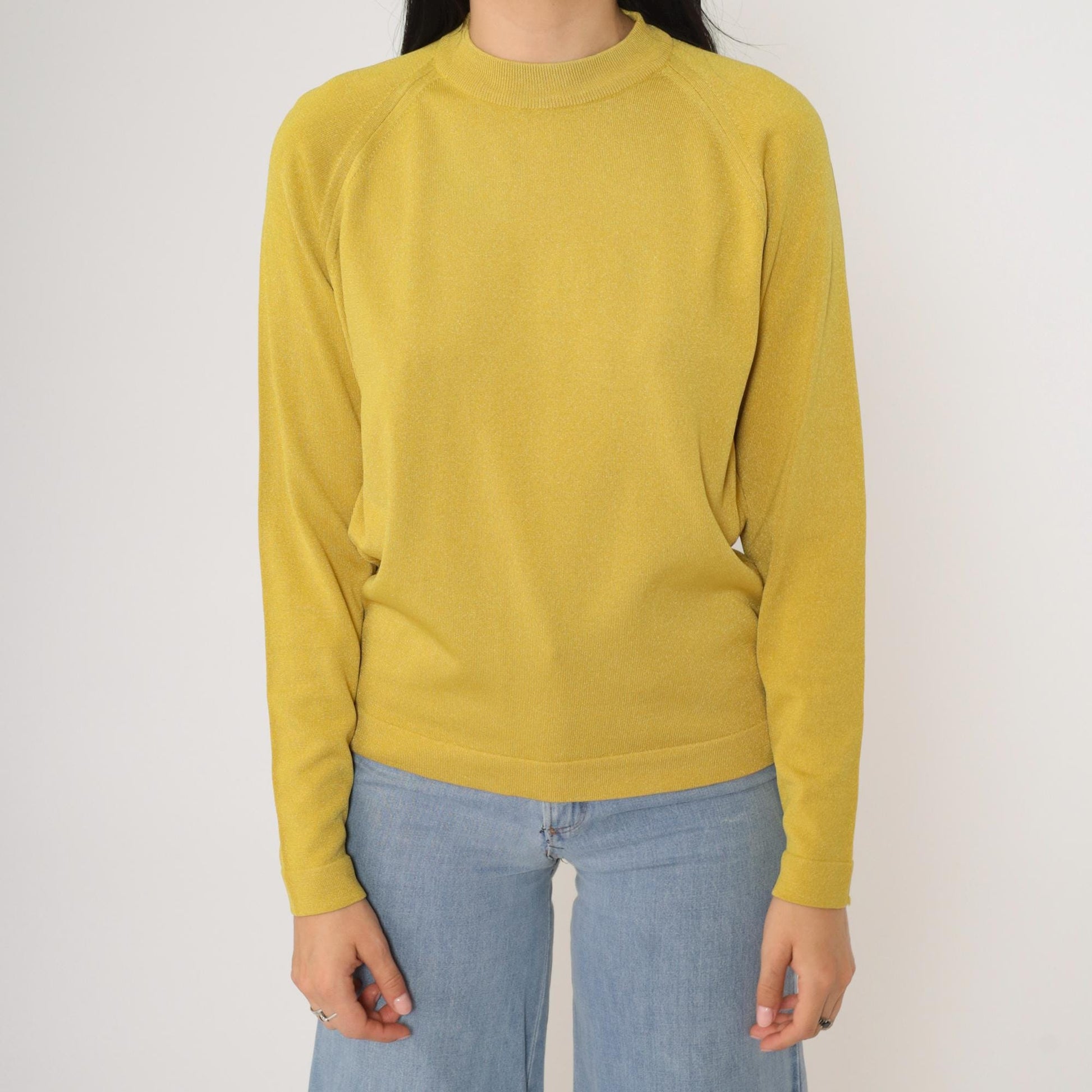 70s Chartreuse Nylon Knit Pullover Crewneck Raglan Sweater Medium