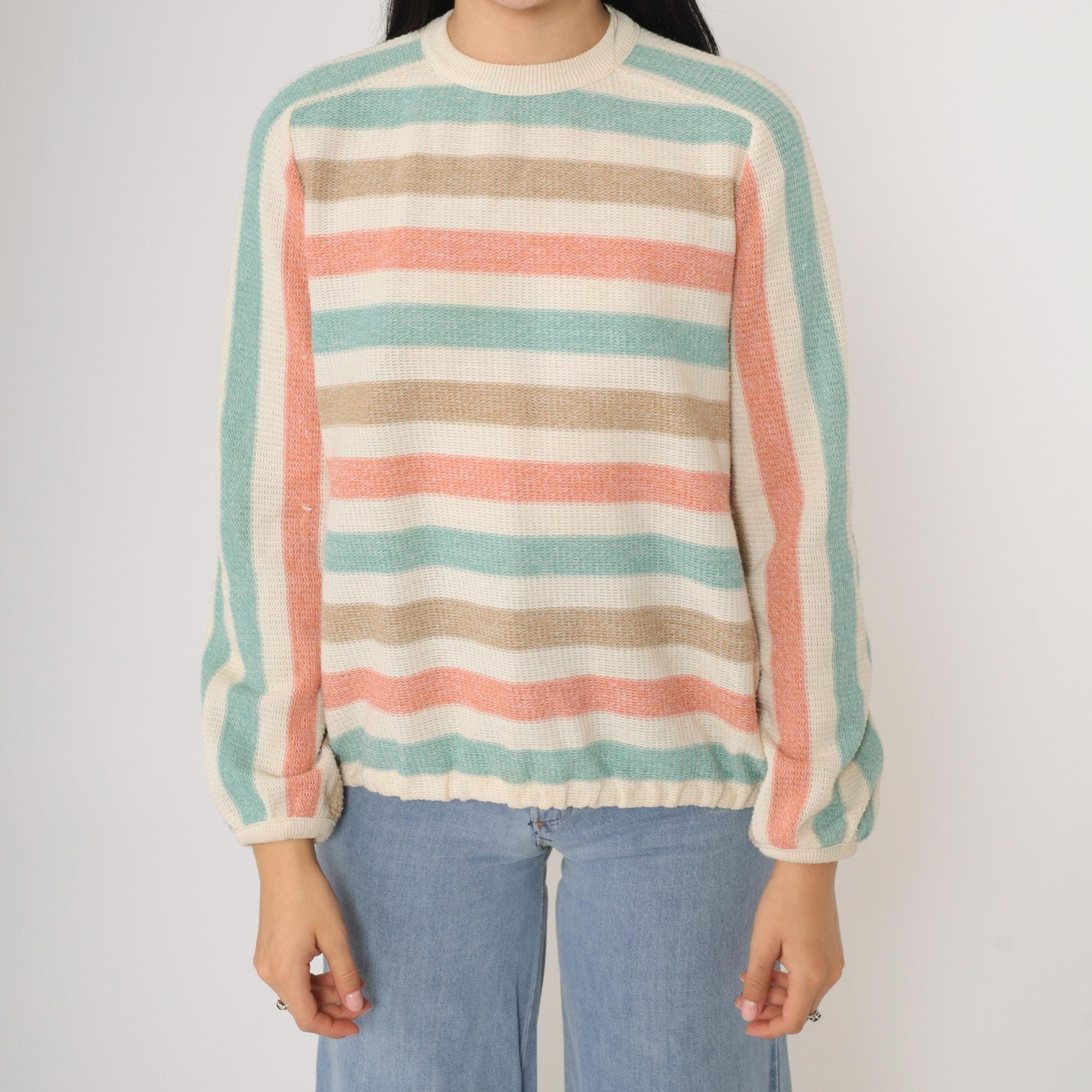 80s Dalton Striped Knit Sweater Raglan Pullover Cream Seafoam Peach Small