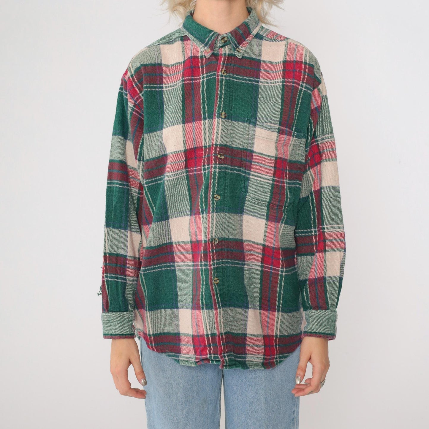 90s Sierra Pacific Green Pink Plaid Flannel Shirt Long Sleeve Medium M