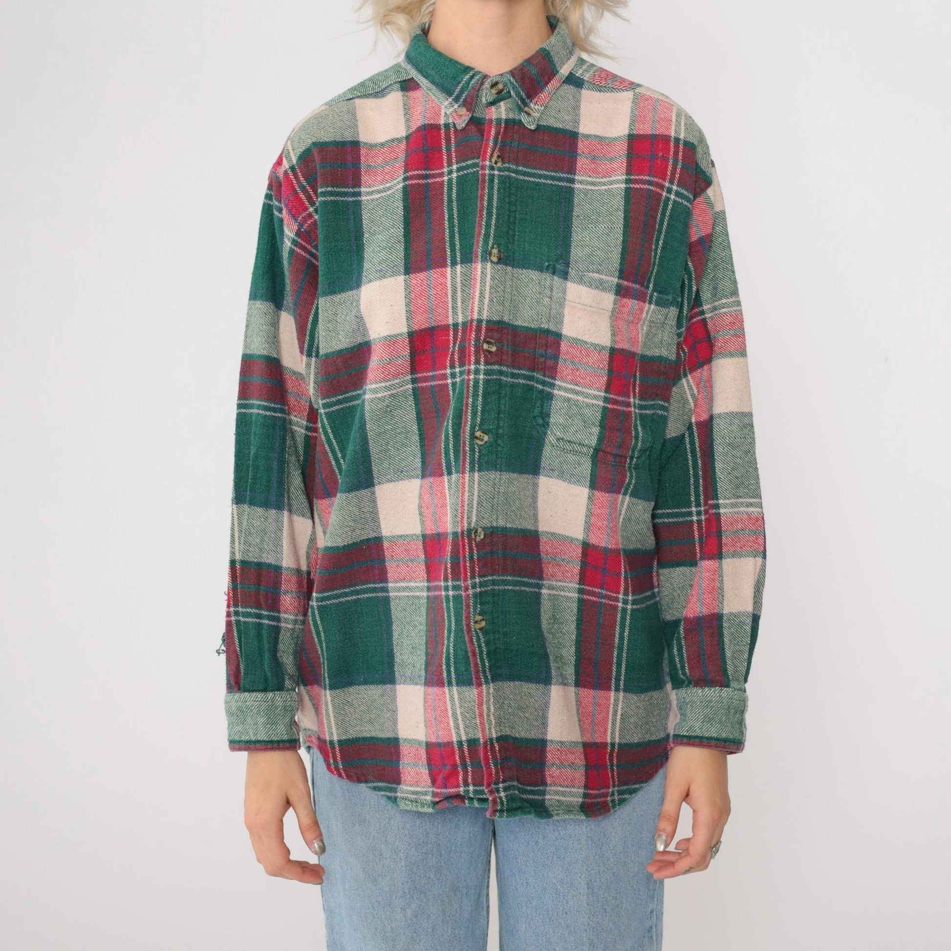 90s Sierra Pacific Green Pink Plaid Flannel Shirt Long Sleeve Medium M