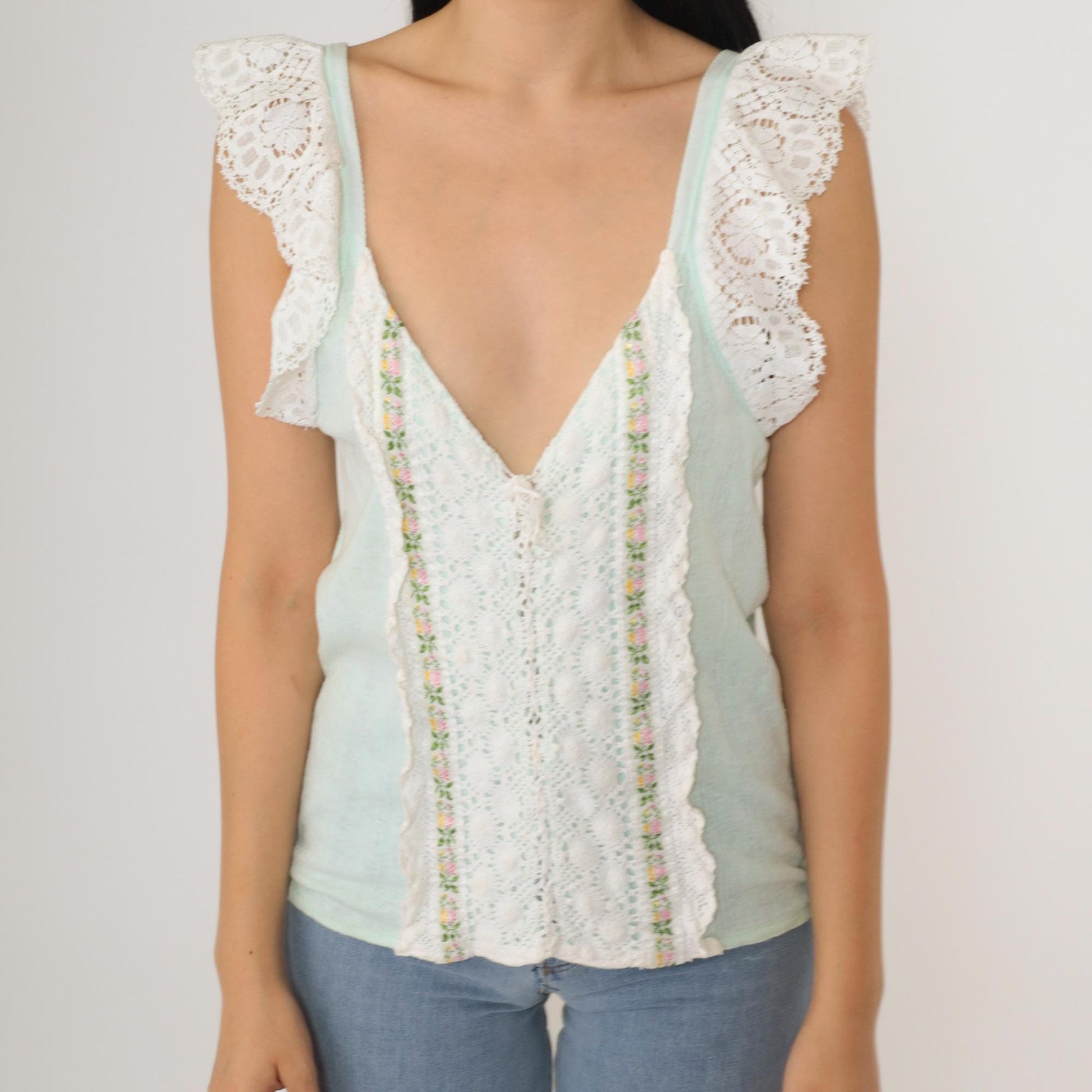 70s Mint Green Crochet Lace Tank Top V-Neck Lace-Up Sleeveless Blouse Medium