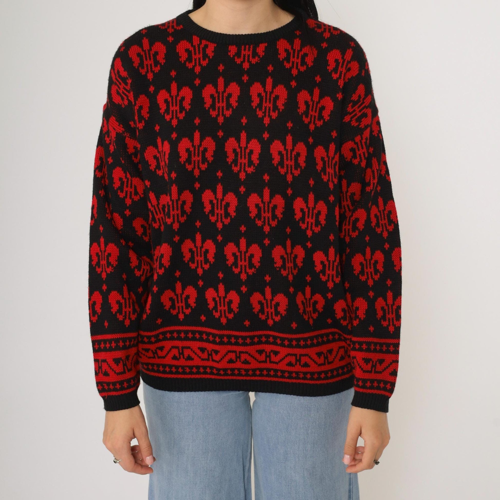 90s Fleur De Lis Geometric Knit Sweater Red Black Pullover Medium
