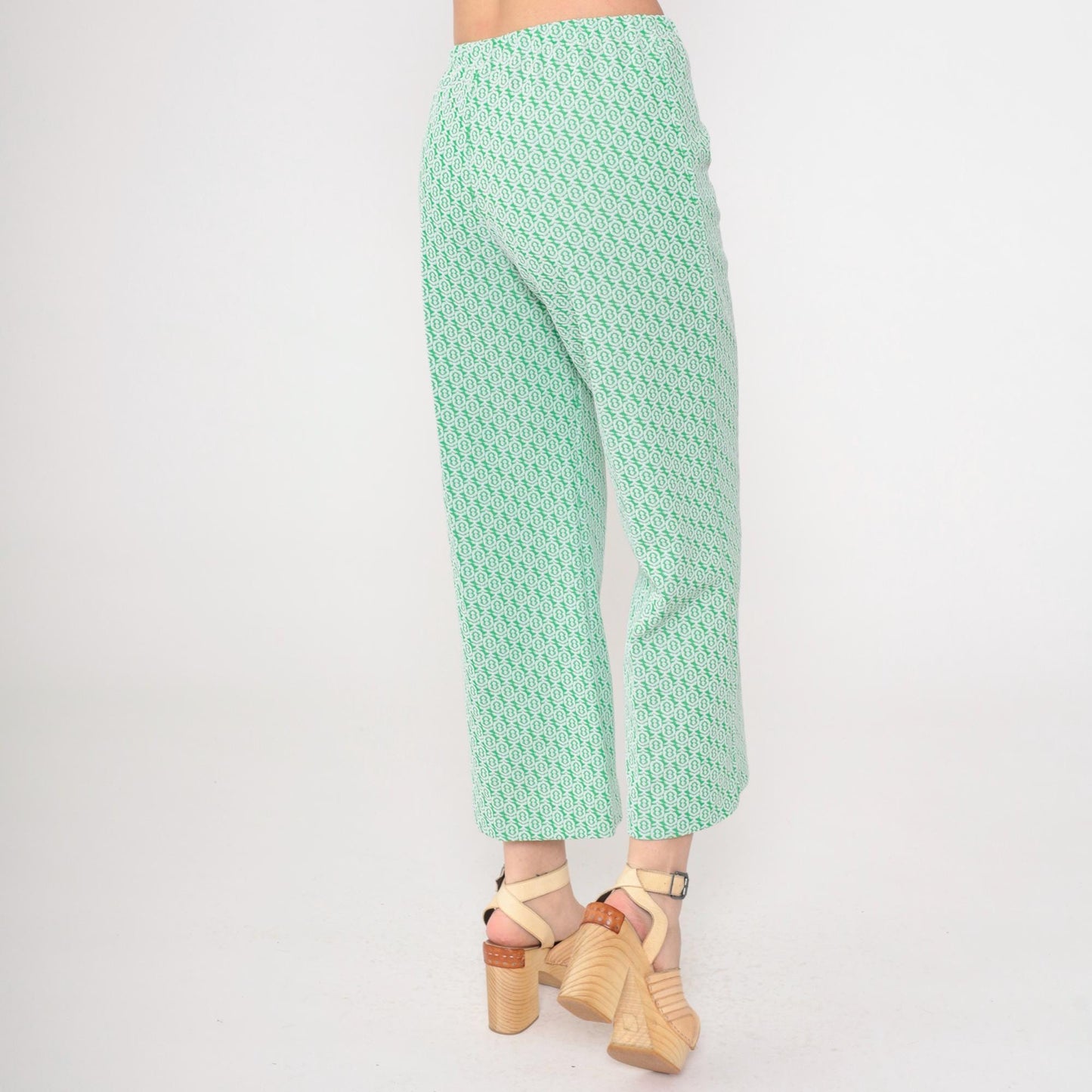 70s Green Geometric Flared Trousers High Waist Elastic Waistband Extra Small