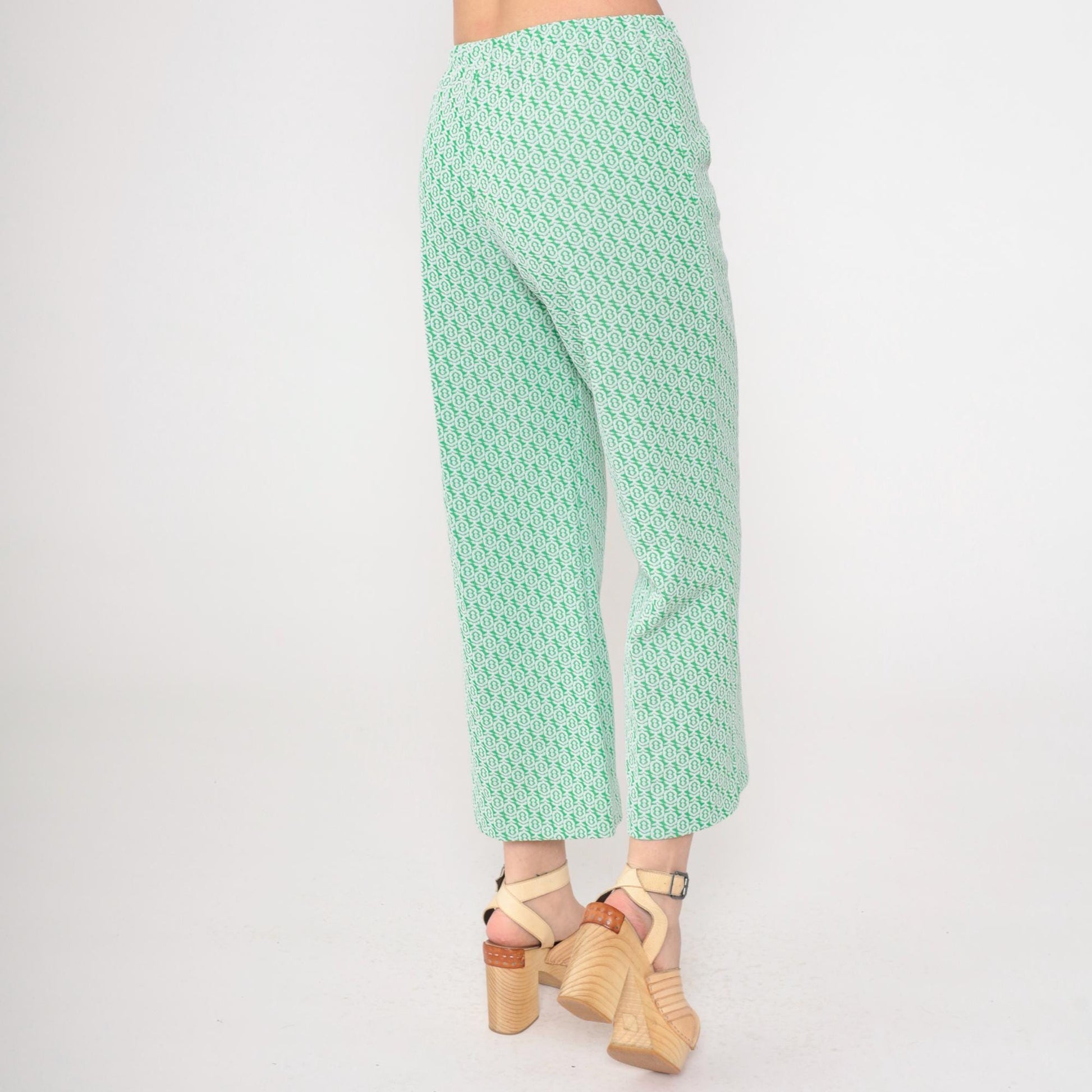 70s Green Geometric Flared Trousers High Waist Elastic Waistband Extra Small