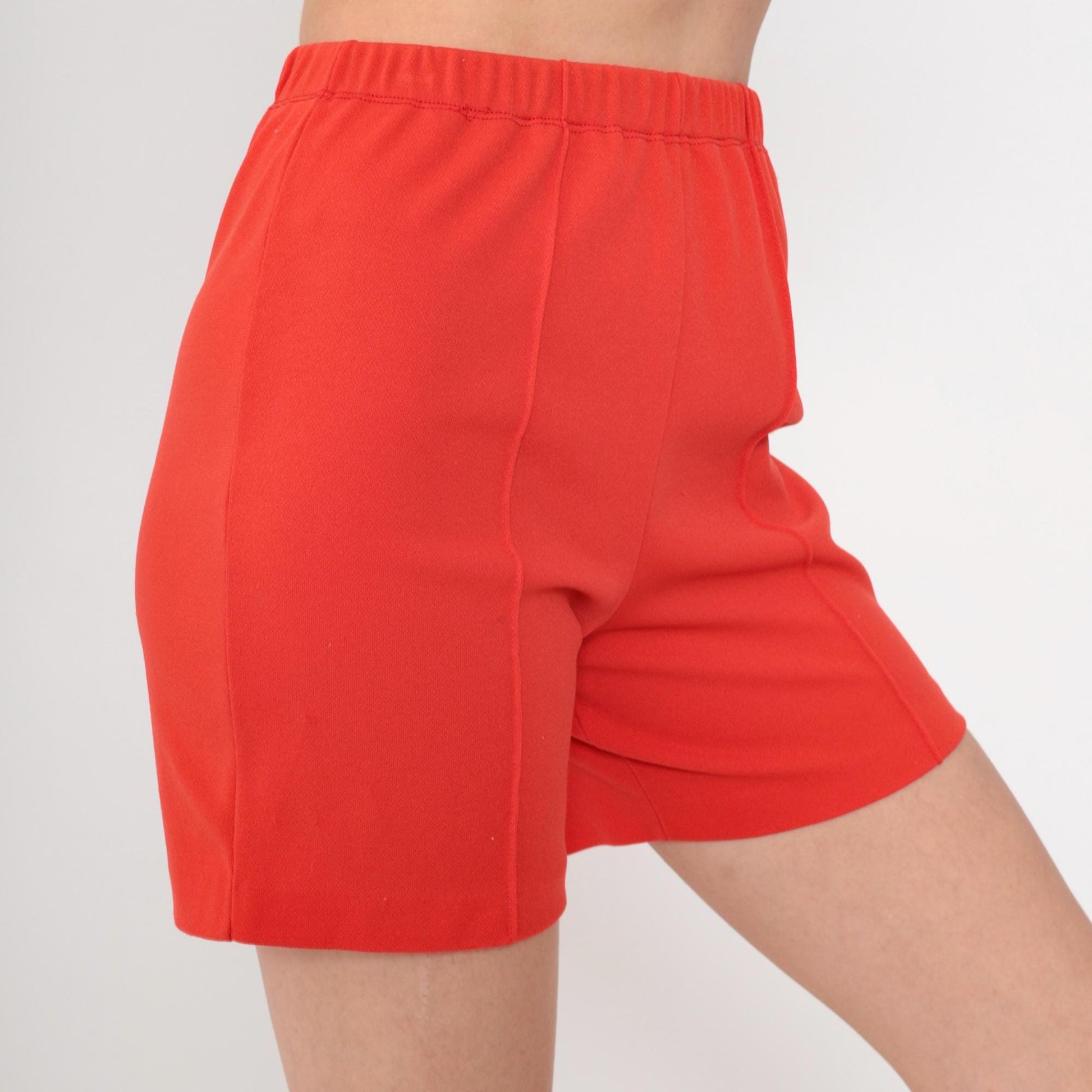 70s Red High-Waisted Shorts Polyester Knit Crease Front Small