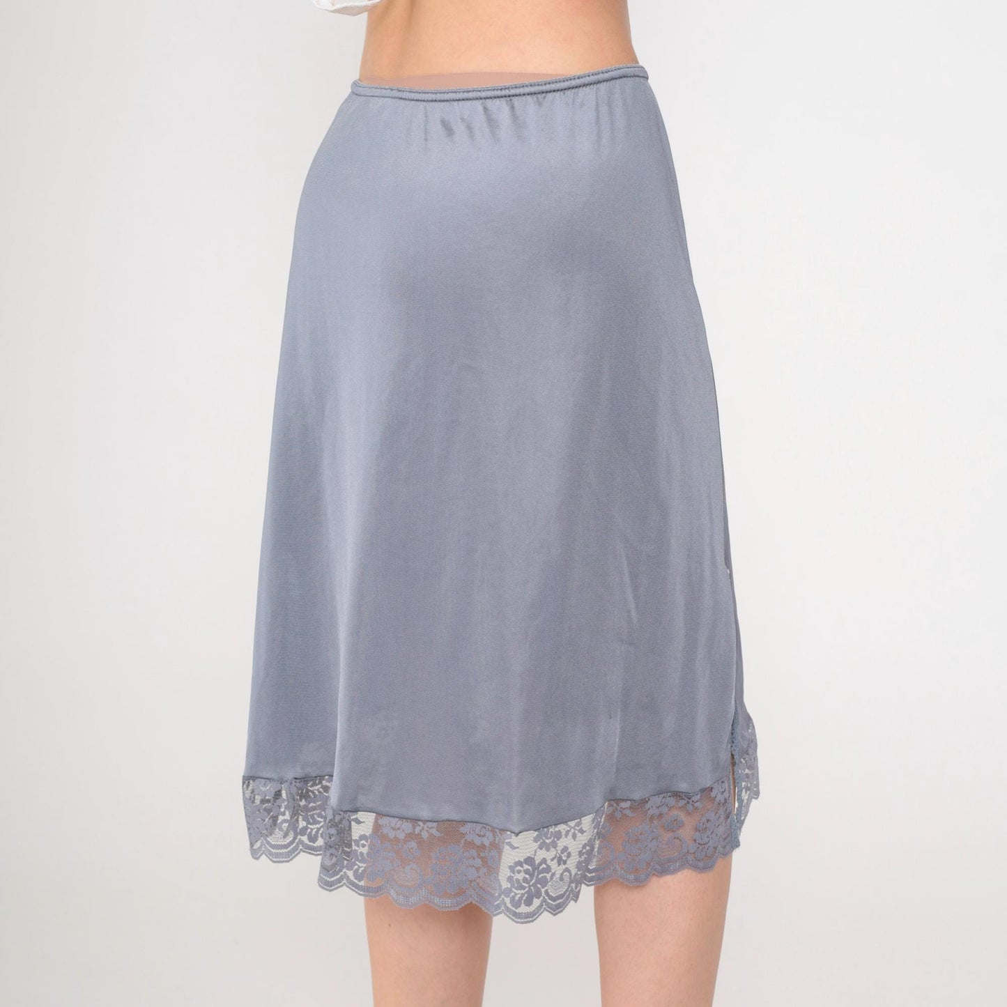 80s Grey Nylon Slip Skirt Lace Trim Rosette Side Slit Medium