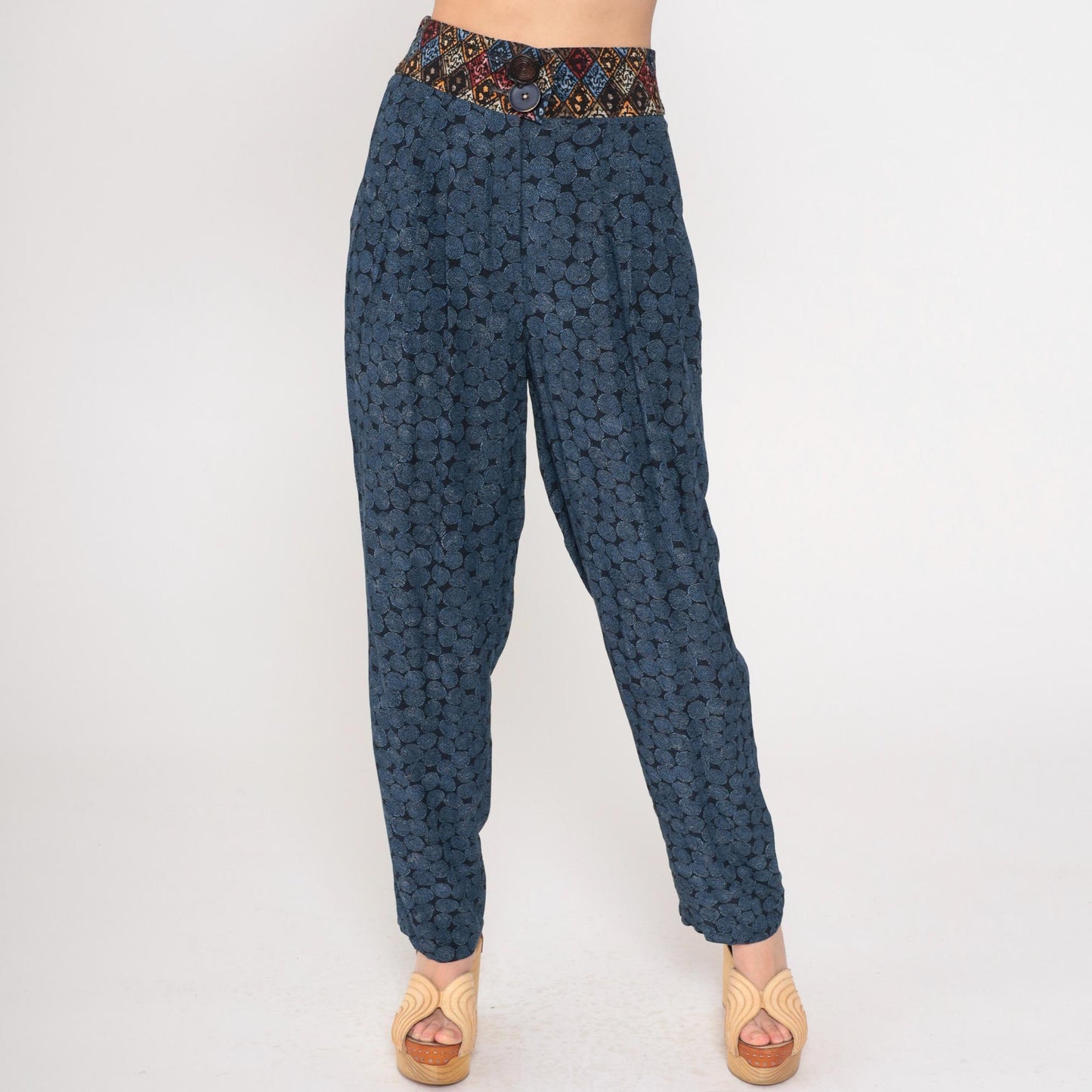 90s Geometric Print High-Waisted Tapered Trousers Blue Small 6