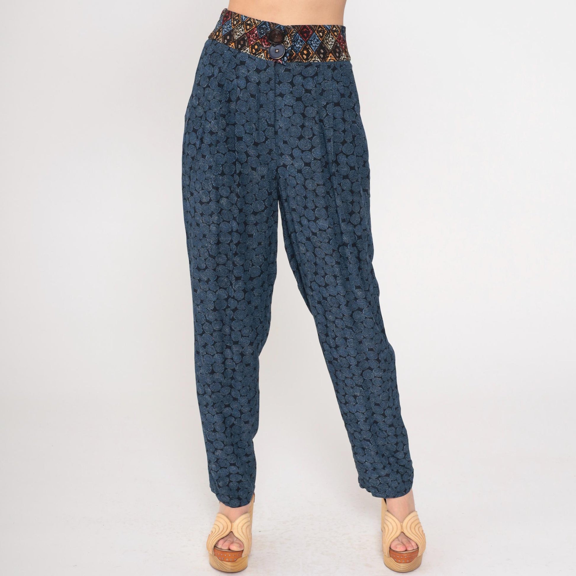 90s Geometric Print High-Waisted Tapered Trousers Blue Small 6