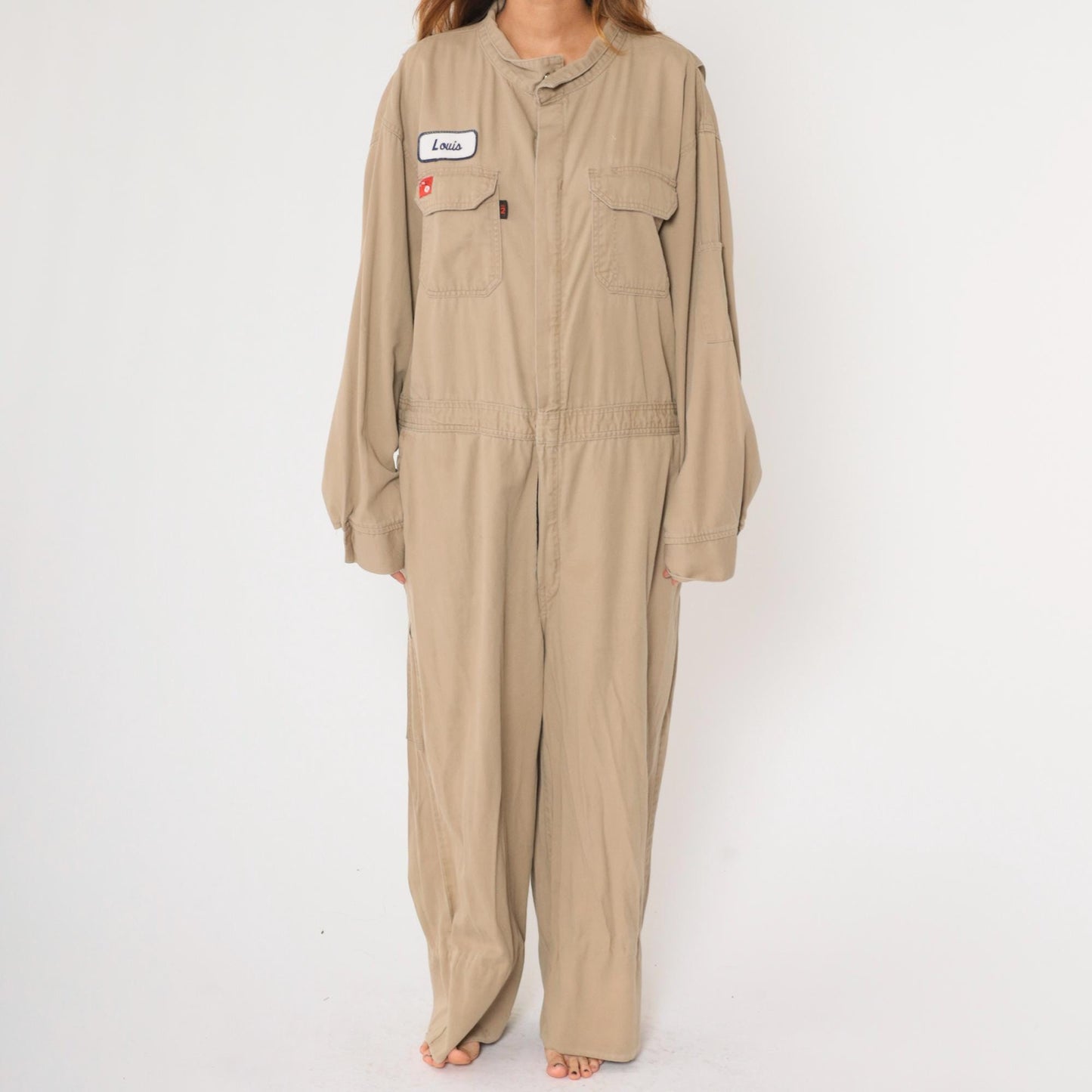 Y2K Tan Flame Resistant Coveralls Louis Patch Flight Suit Men's 48 Regular