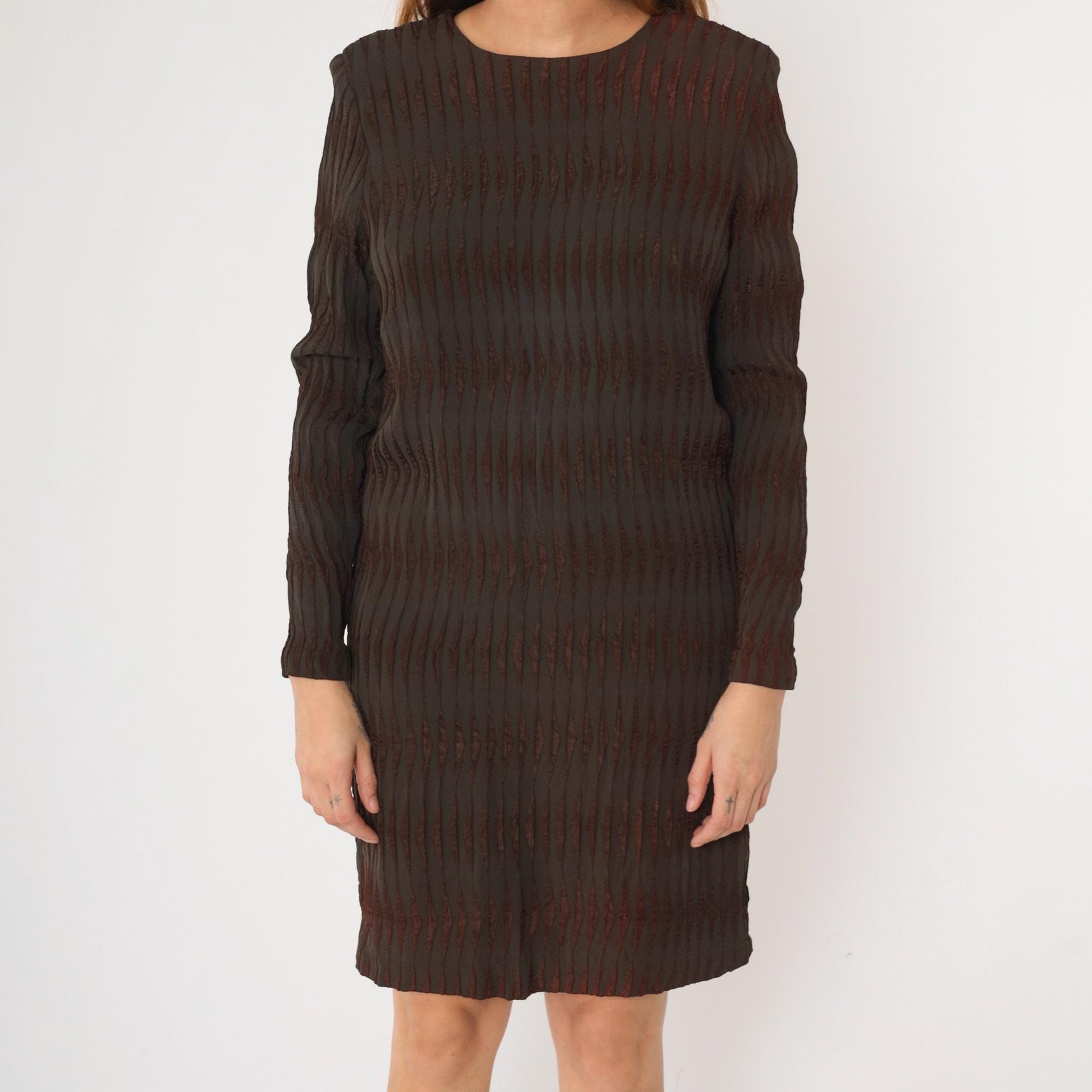 60s Milla Mod Mini Dress Dark Brown Striped Shift Long Sleeve Medium